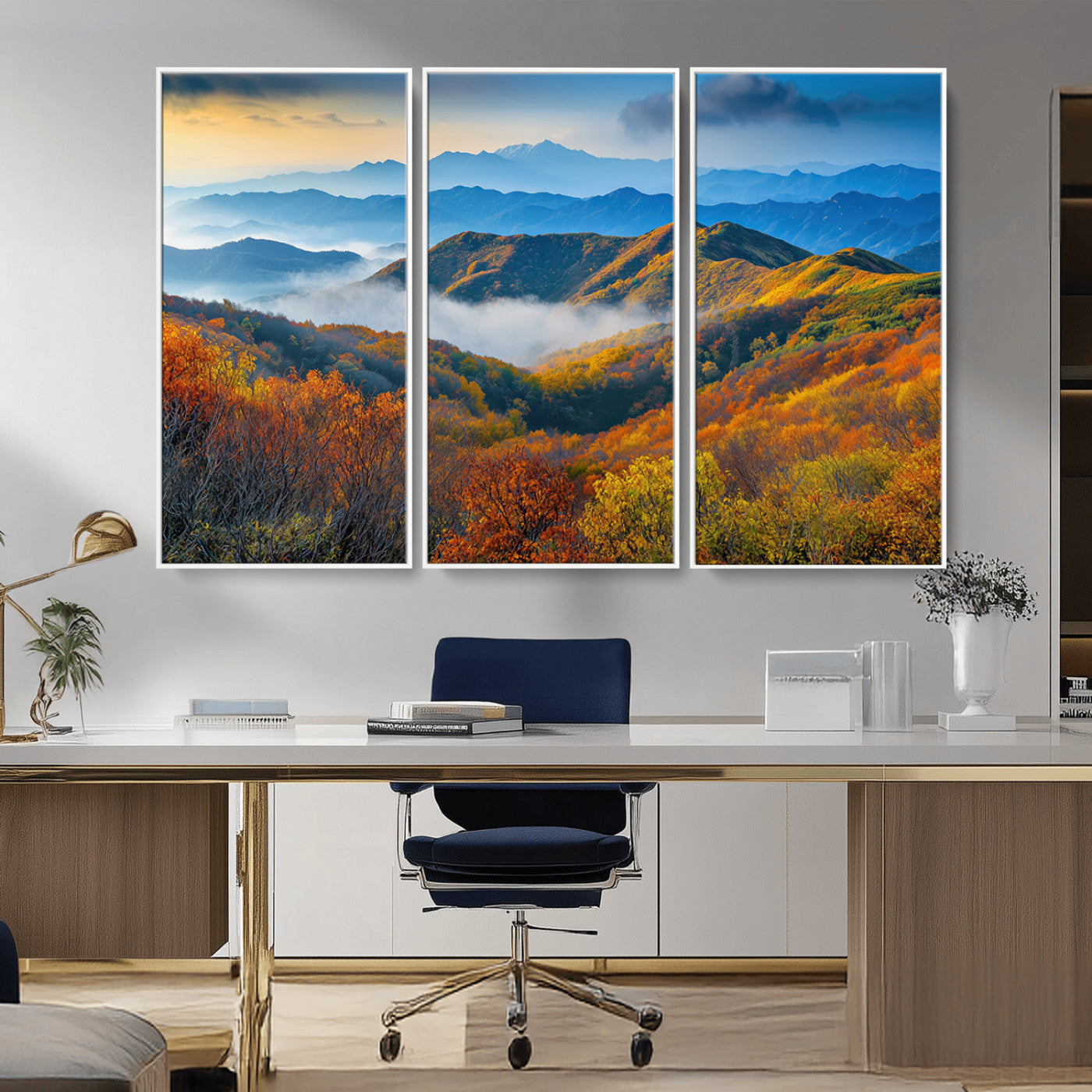 Vibrant canvas of autumn mountains with colorful trees, layered blue ridges, and soft morning fog, ideal for bright nature-themed decor.