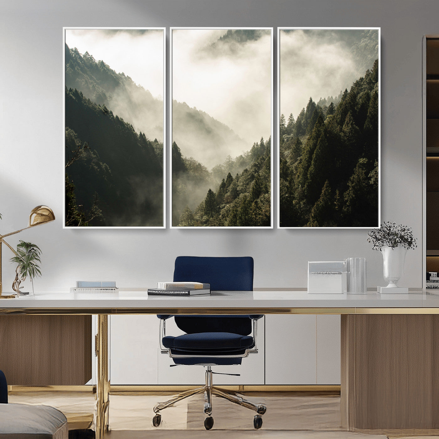 Canvas showing a misty pine forest valley with layered green hills and soft fog, perfect for moody or nature-themed decor styles.