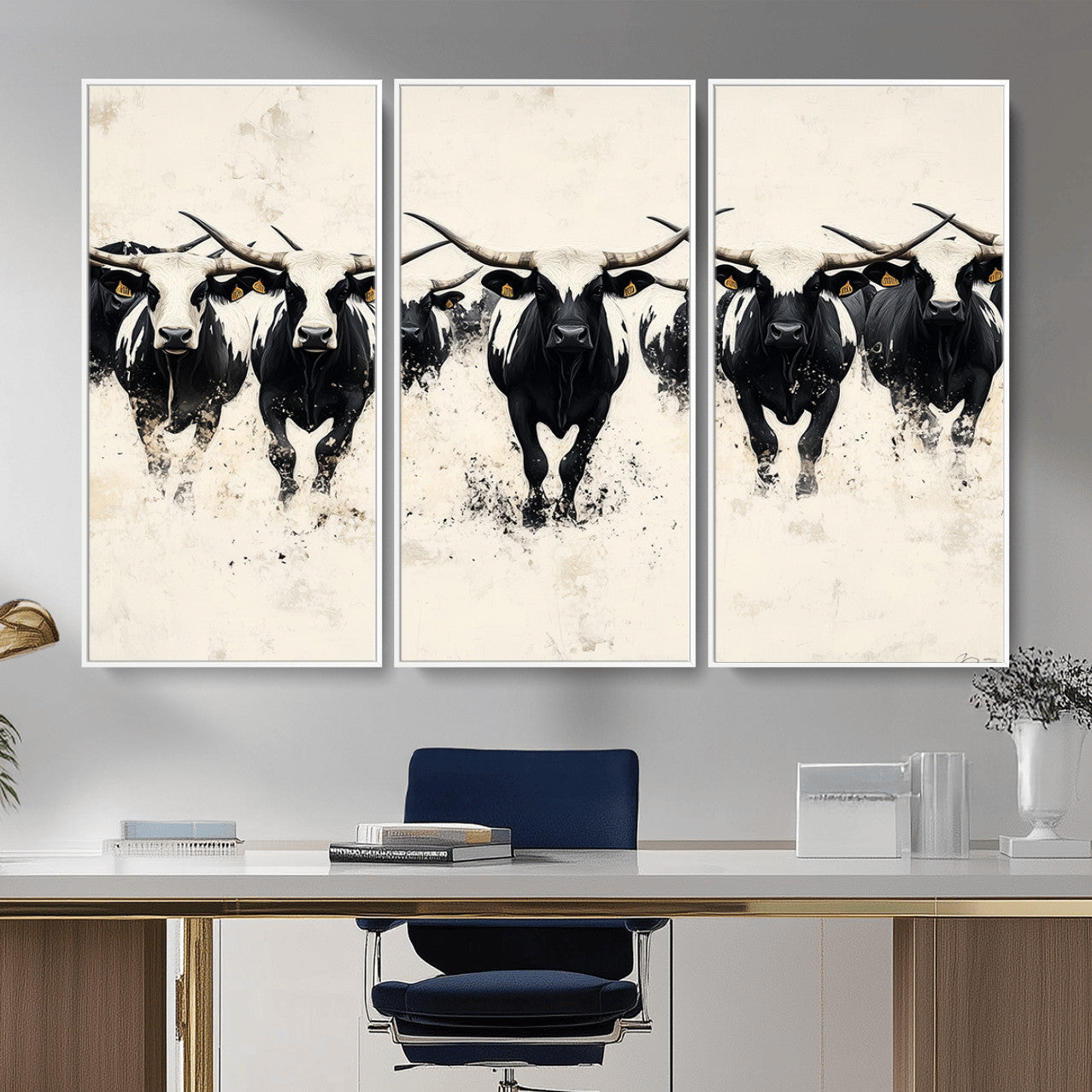 MGV-FC-48X32-3P - Longhorn Cattle Wall Art – Canvas Print of Herd in Motion, Symmetry and Ink Splatter, Minimalist Western Ranch, Bold Rustic Farm Decor