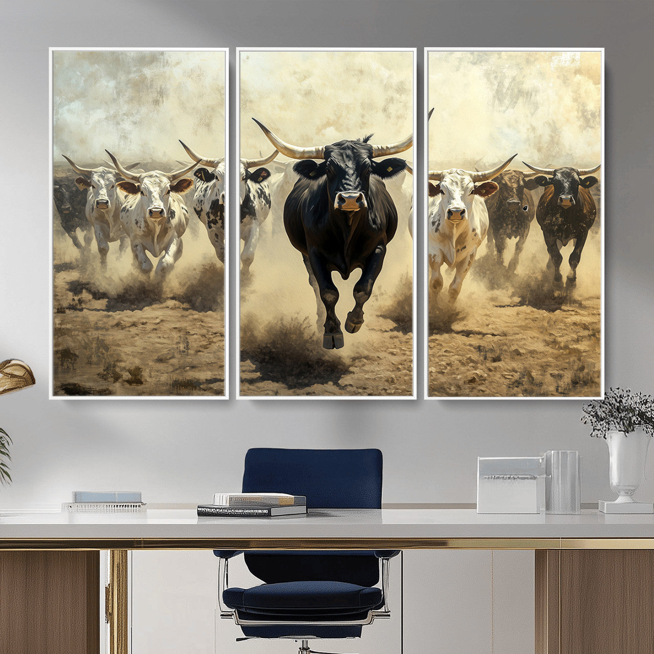 MGV-FC-48X32-3P - Running Cattle Wall Art – Canvas Print of Western Herd, Dust Stampede, Longhorns, Wild West Ranch, Bold Rustic Farm Decor for Home or Office
