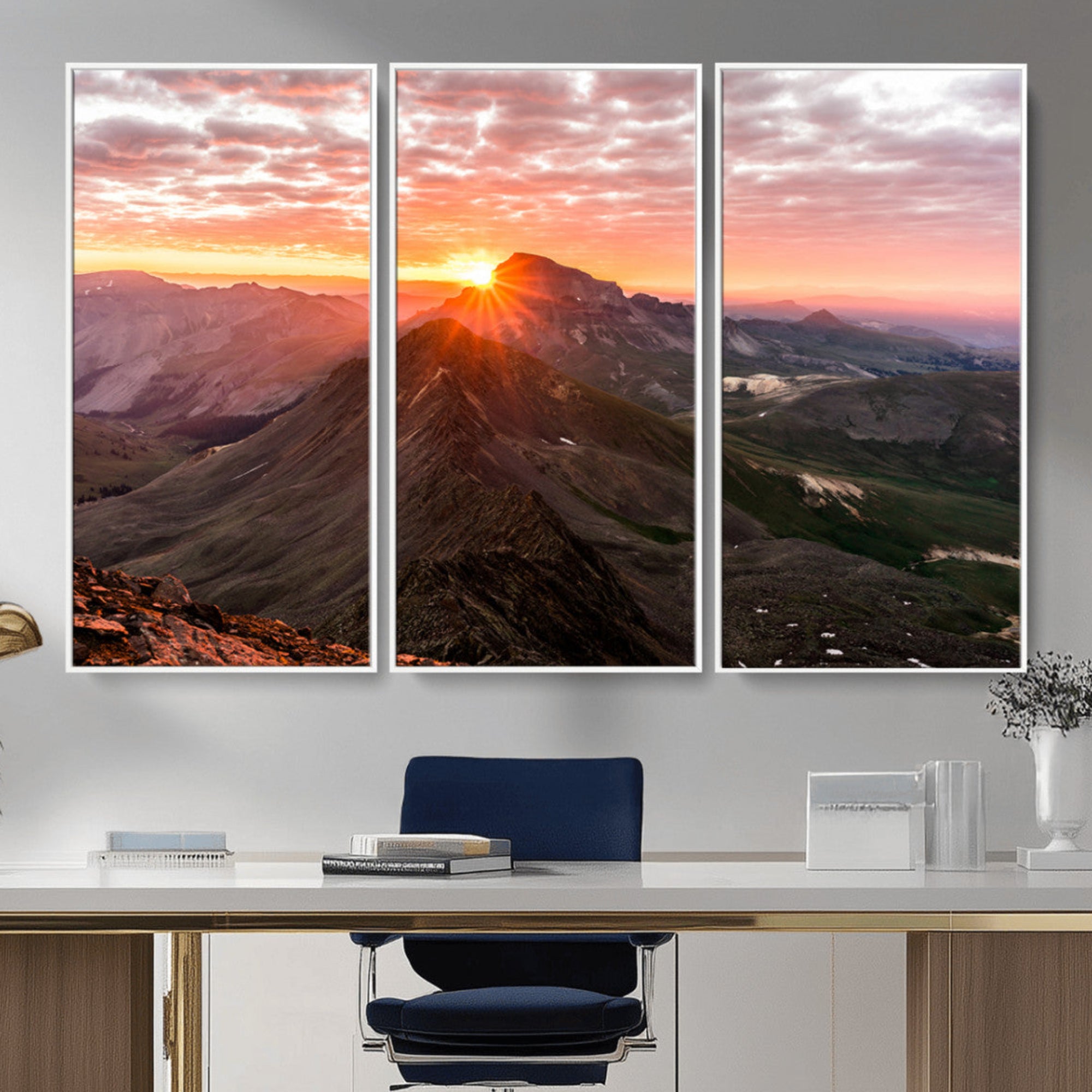 Canvas showing a mountain ridge at sunrise with golden light and dramatic clouds, perfect for nature or rustic-inspired wall decor.