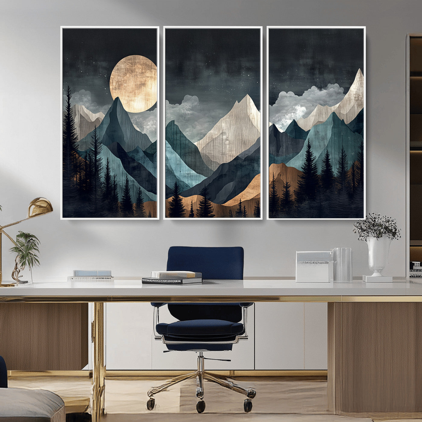 11060882-MGV-CV-36X24-Moonlit Mountain Wall Art Canvas Print – Silhouetted Pines Layered Peaks Tranquil Sky Mist Silver Light Nature Artwork for Home