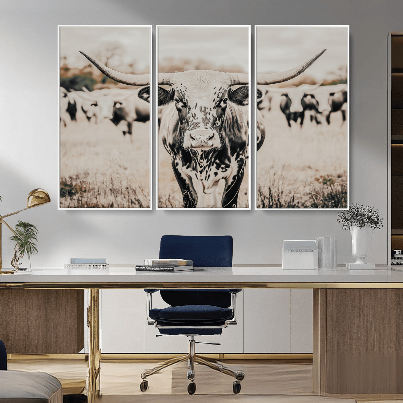 -Texas Longhorn Wall Art Canvas Print, Framed Speckled Cow Art Picture Print, Horned Cattle Perfect Rustic Western Decor Artwork