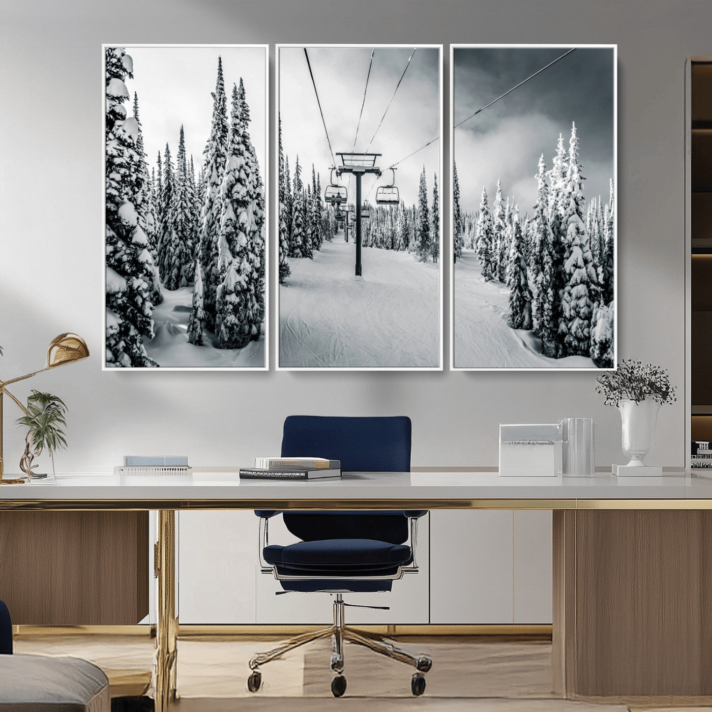 31156828-MGV-CV-36X24-Snowy Pines Wall Art Canvas Print – Framed Ski Lift Winter Forest Snowy Landscape Moody Lodge Artwork for Home, Office