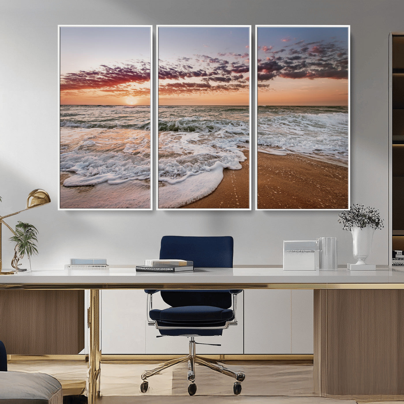 39846389-MGV-CV-36X24-Ocean Sunset Wall Art Canvas Print – Framed Sandy Shore Gentle Waves Coastal Landscape Minimalist Artwork for Home, Office