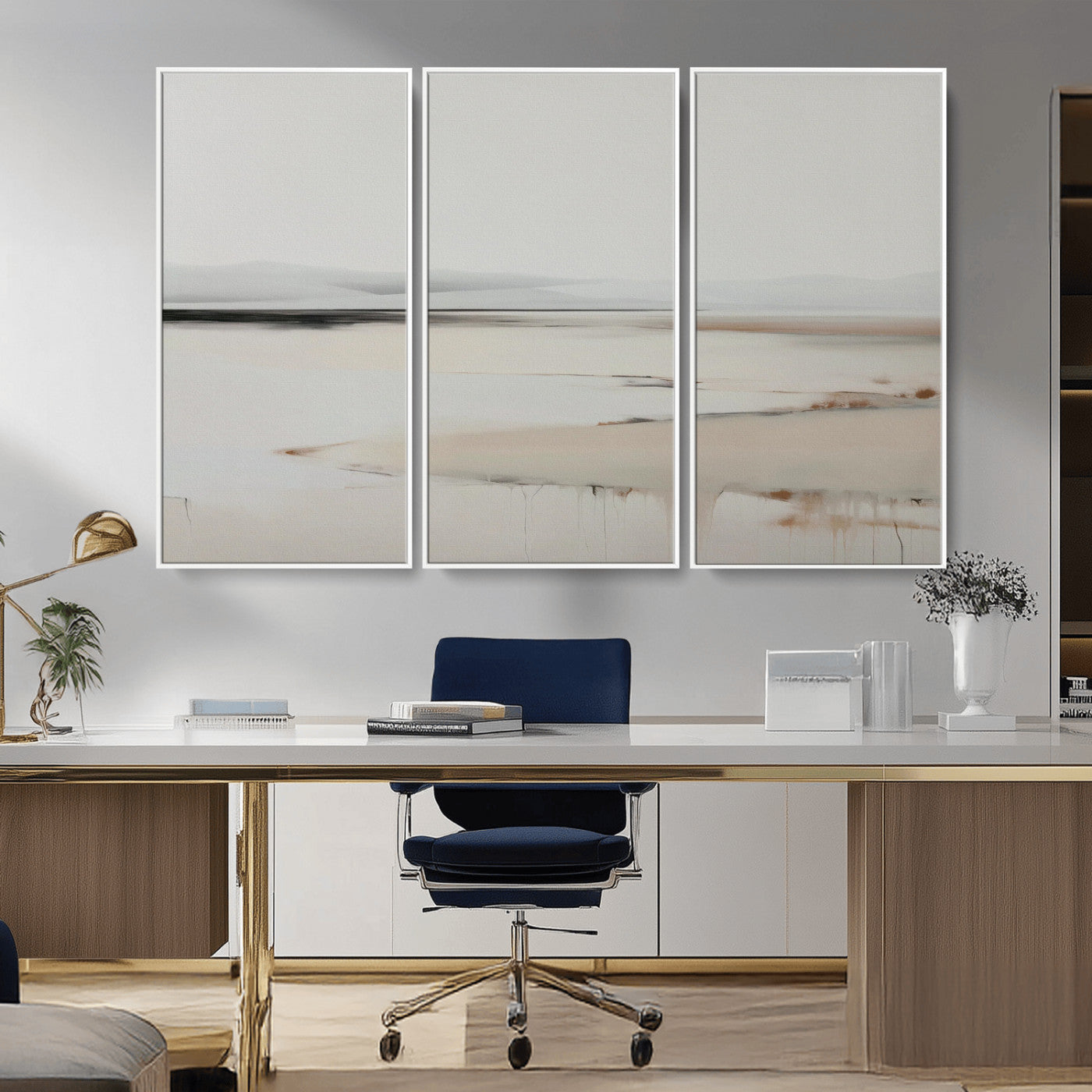 89410095-MGV-CV-36X24-Minimalist Landscape Wall Art Canvas Print – Framed Soft Horizon Abstract Seascape Earthy Tones Artwork for Home Office