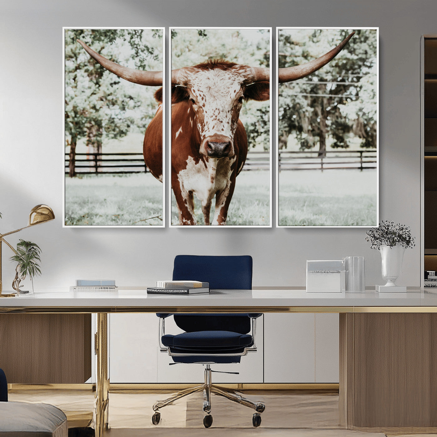 -Texas Longhorn Wall Art Canvas Print, Framed Spotted Cow Art Picture Print, Horned Cattle Perfect Rustic Western Decor Artwork