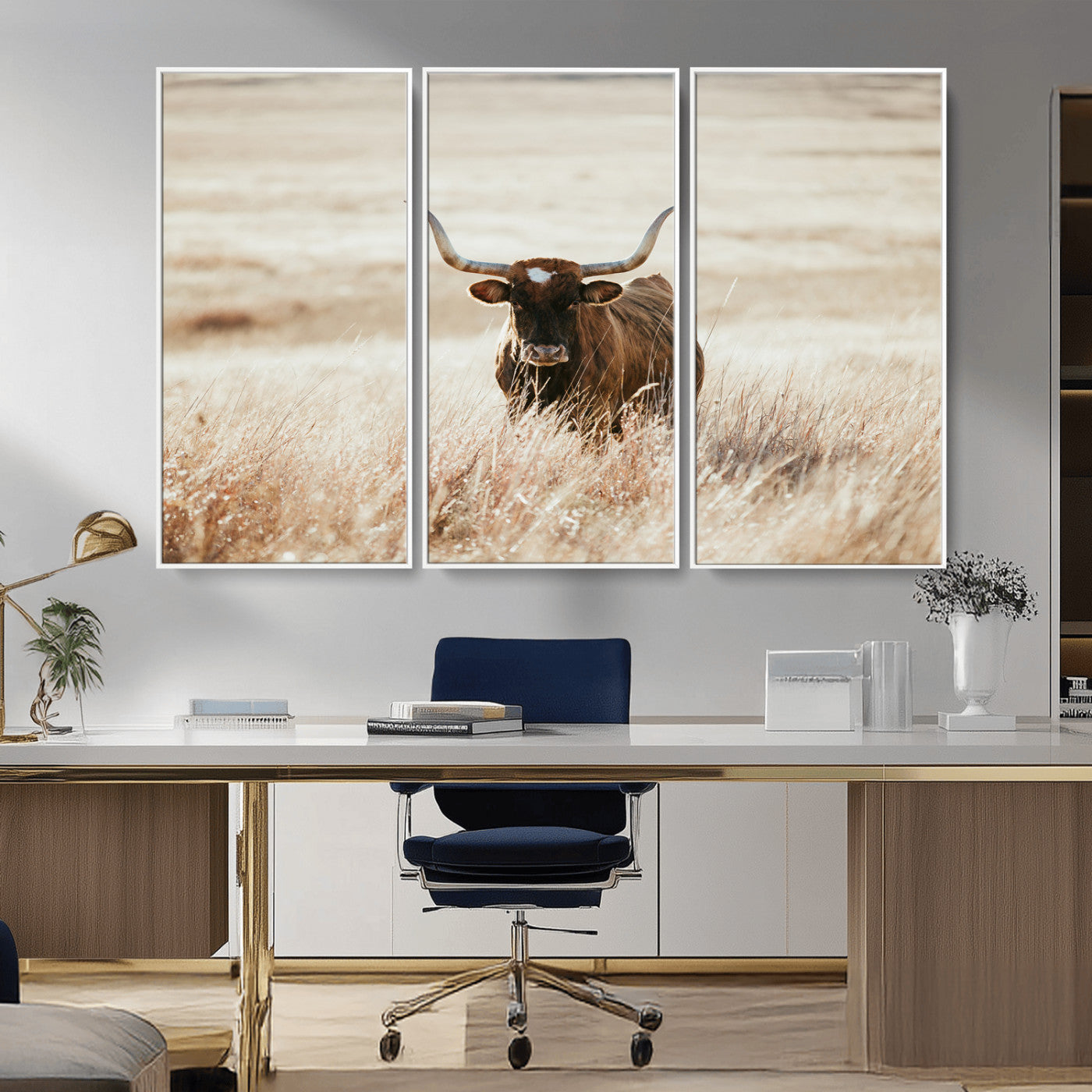 -Texas Longhorn Wall Art Canvas Print, Framed Brown Cattle Art Picture Print, Horned Bull Perfect Rustic Western Decor Artwork