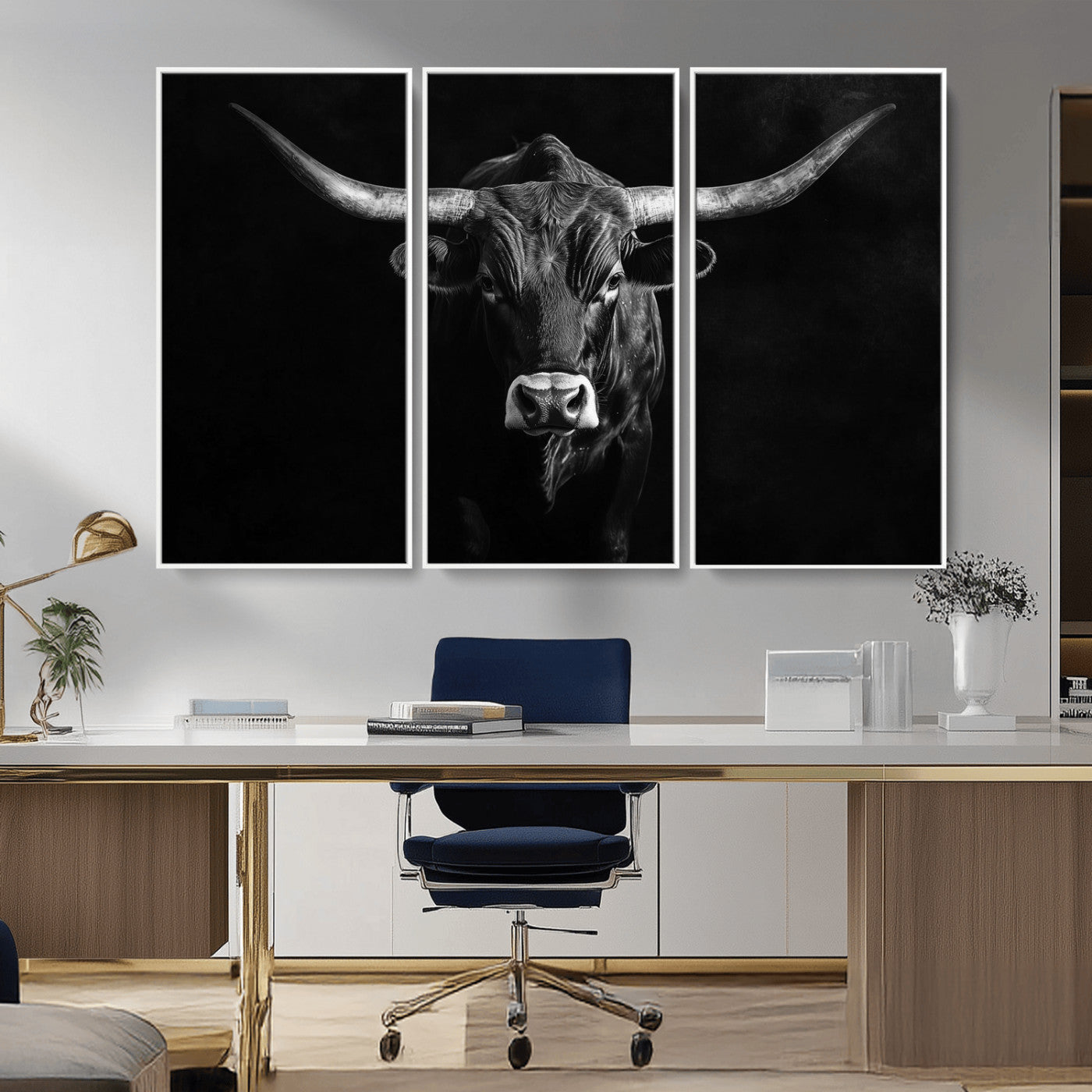 -Texas Longhorn Wall Art Canvas Print, Framed Monochrome Bull Art Picture Print, Horned Bull Perfect Rustic Western Decor Artwork