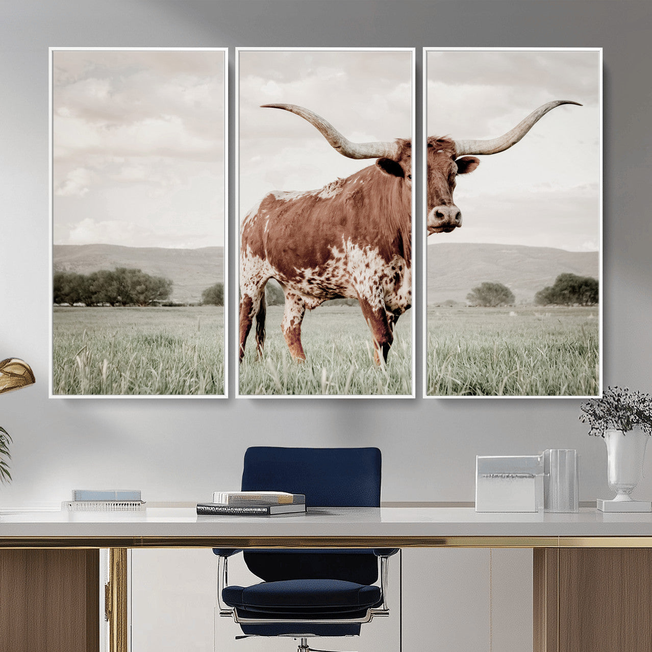 MGV-FC-48X32-3P - Texas Longhorn Wall Art Canvas Print, Framed Spotted Cattle Art Picture Print, Horned Bull Perfect Rustic Western Decor Artwork