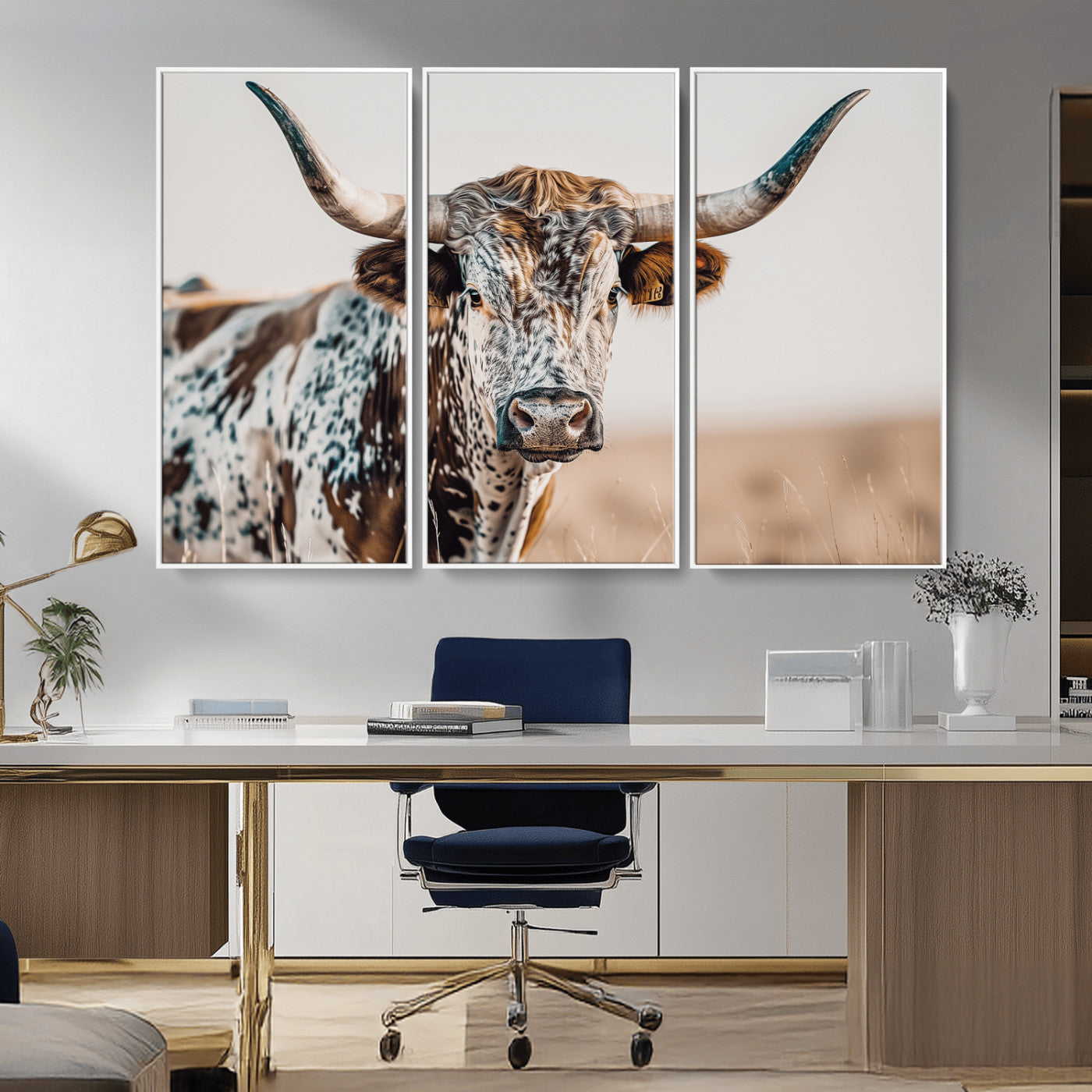 Canvas of a speckled Texas longhorn with wide curved horns and warm tones, perfect for rustic or country-style wall decor.
