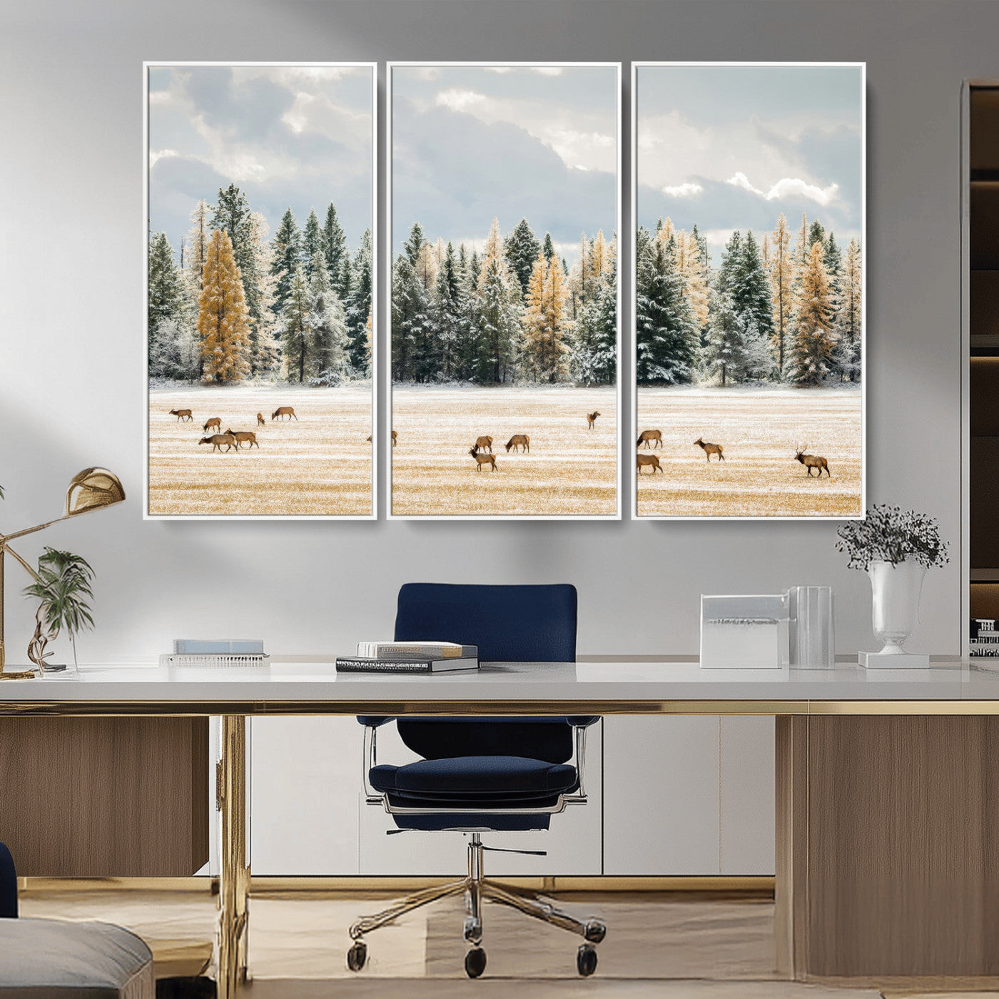 Elk herd in a snowy field with golden pine trees and frosted evergreens, ideal for neutral rustic or cabin-style home decor.