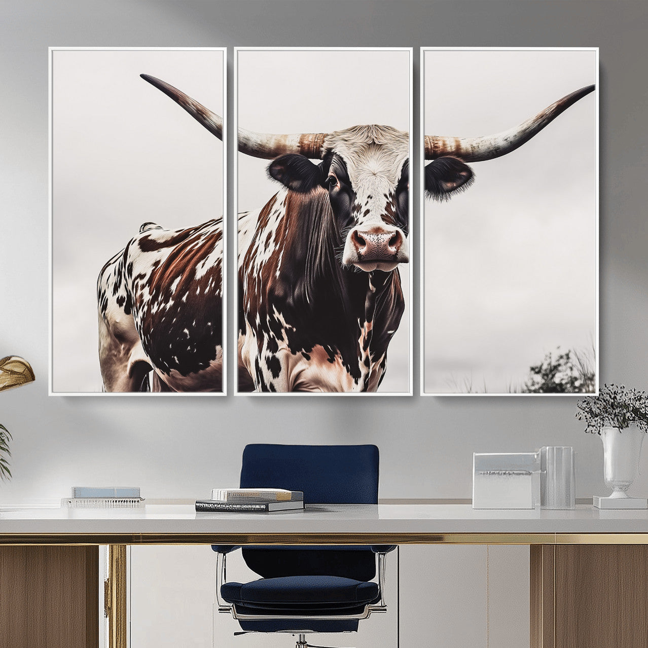 MGV-FC-48X32-3P - Texas Longhorn Wall Art Canvas Print, Framed Spotted Bull Art Picture Print, Horned Cattle Perfect Rustic Farmhouse Decor Artwork