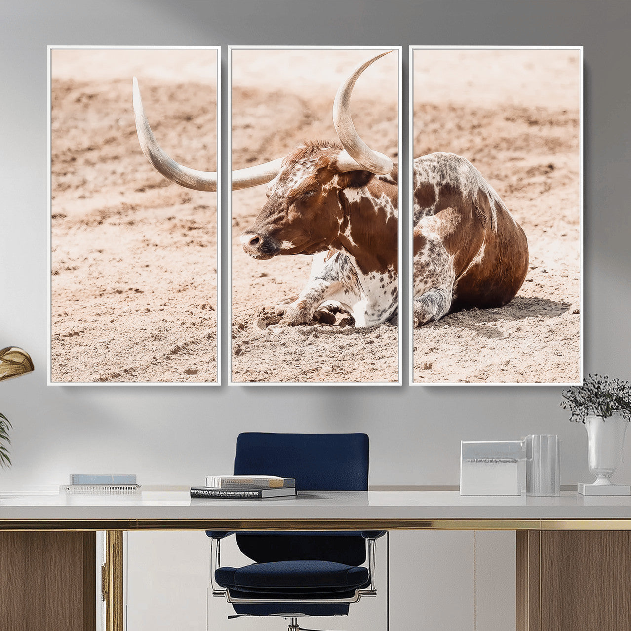 91248682-MGV-CV-36X24-Texas Longhorn Wall Art Canvas Print – Framed Resting Bull Scene with Spotted Cattle Artwork for Home, Office