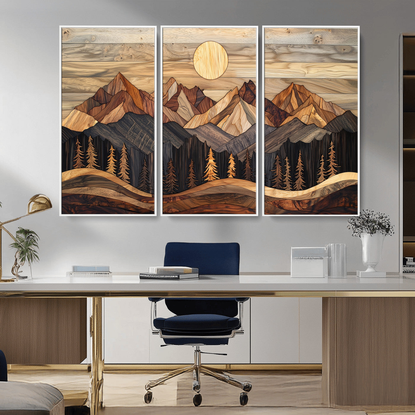 50100230-MGV-FC-48X32-3P_White-Wood Mountain Wall Art Canvas Print – Framed Boho Abstract Woodland Rustic Farmhouse Geometric Artwork for Home Office
