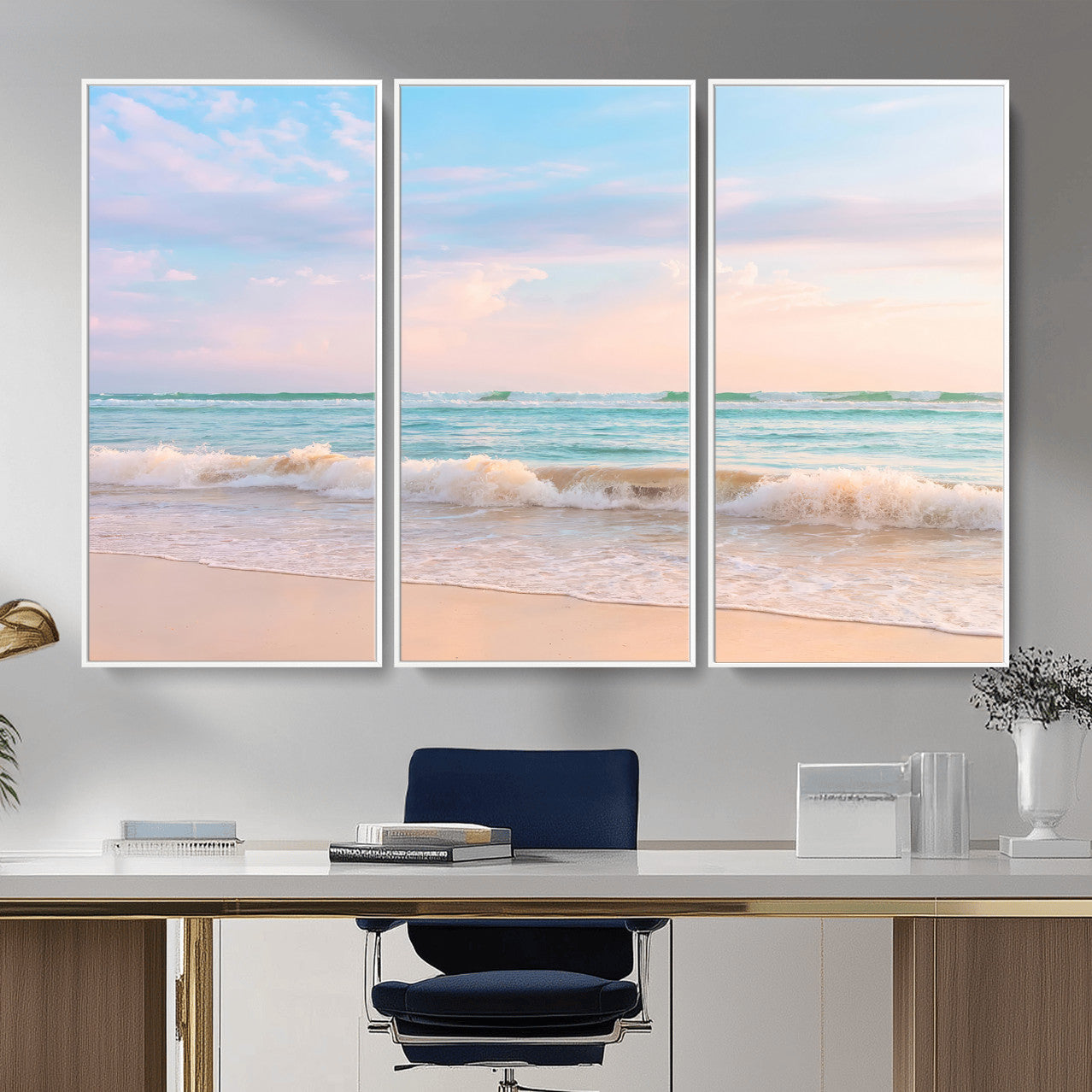 74679437-MGV-CV-36X24 - Serene Waves Wall Art – Golden Shore & Soft Pastel Sky Canvas Print, Gentle Ocean and Peaceful Sunset for Living Room or Office