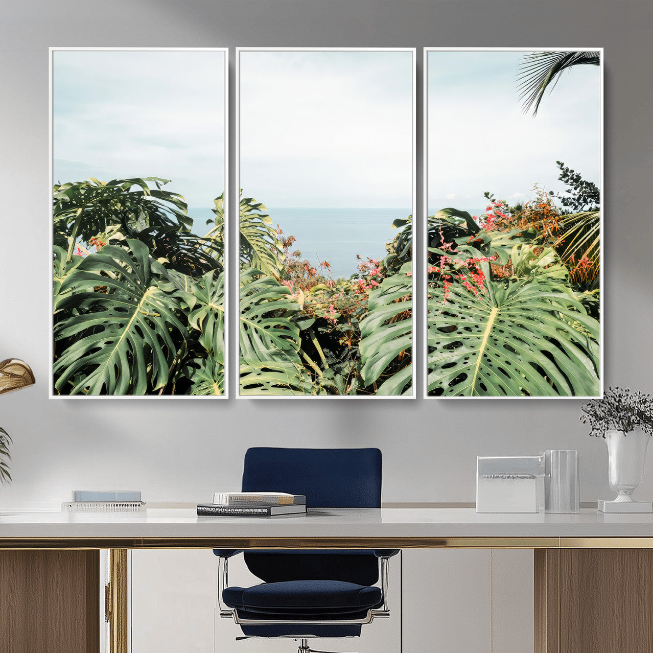 45700479-MGV-CV-36X24 - Tropical Greenery Wall Art – Exotic Leaves & Ocean View Canvas Print, Sunlit Paradise and Vibrant Nature for Living Room or Coastal Decor