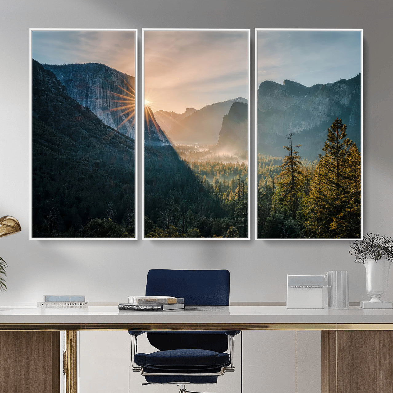 51605481-MGV-CV-36X24 - Yosemite Valley Wall Art – Misty Forest Peaks Canvas Print, Radiant Light, Tranquil Nature Landscape for Living Room or Cabin Decor