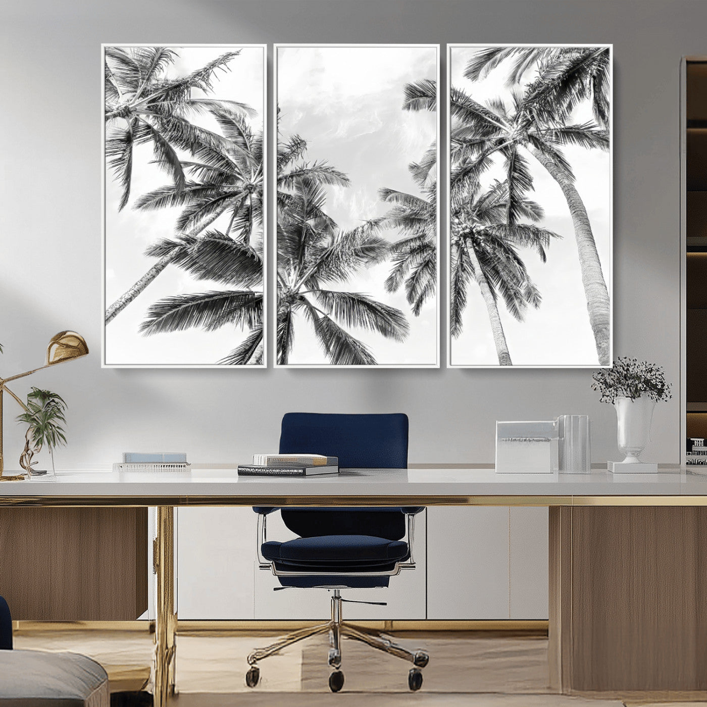 MGV-FC-48X32-3P - Black White Palm Wall Art Canvas Print, Framed Monochrome Tropics Art Picture Print, Minimalist Beach Perfect Coastal Minimalist Decor Artwork