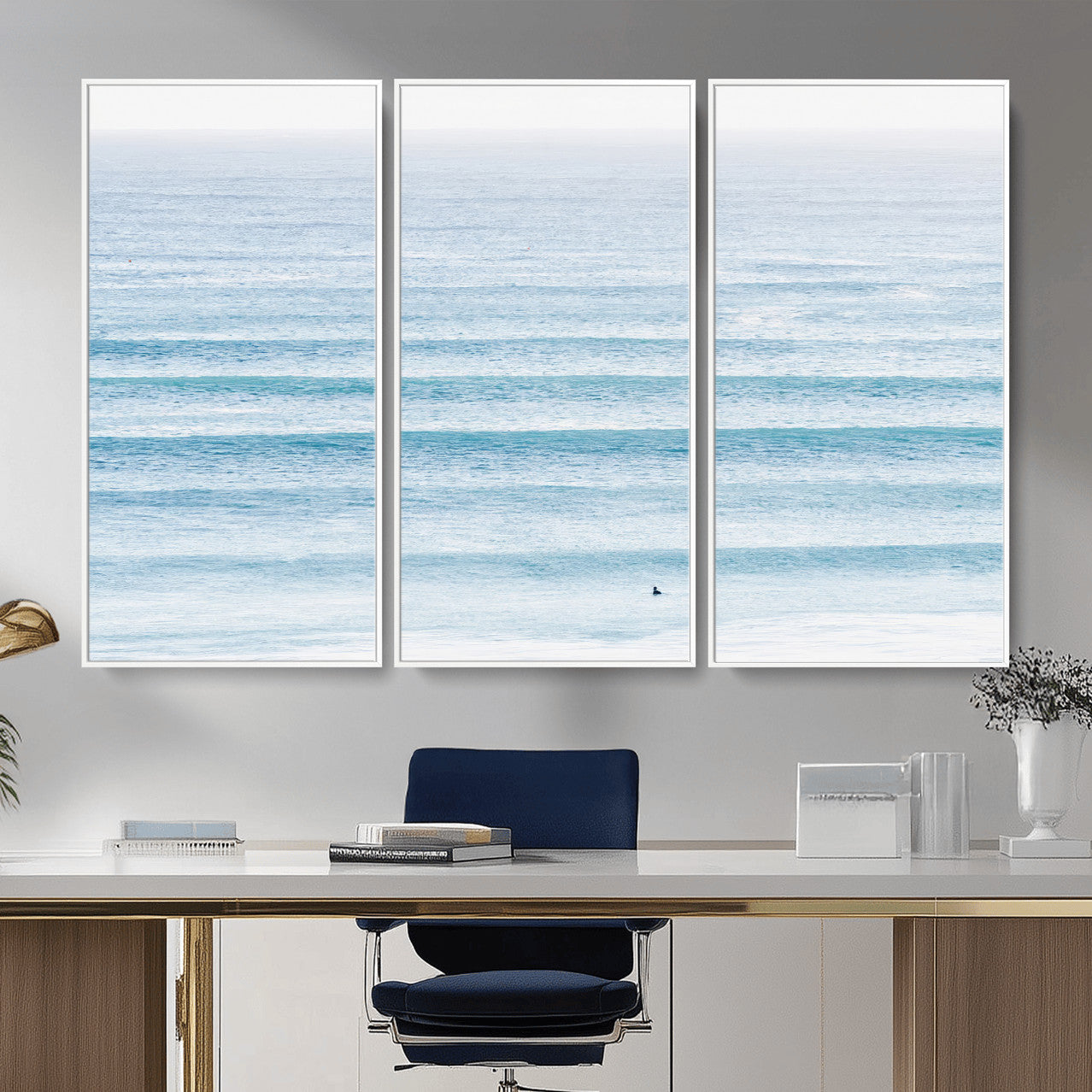 77145995-MGV-CV-36X24-Ocean Wave Surfer Wall Art – Framed Minimal Seascape Canvas Artwork, Calm Blue Water Design, Coastal Decor for Home, Office