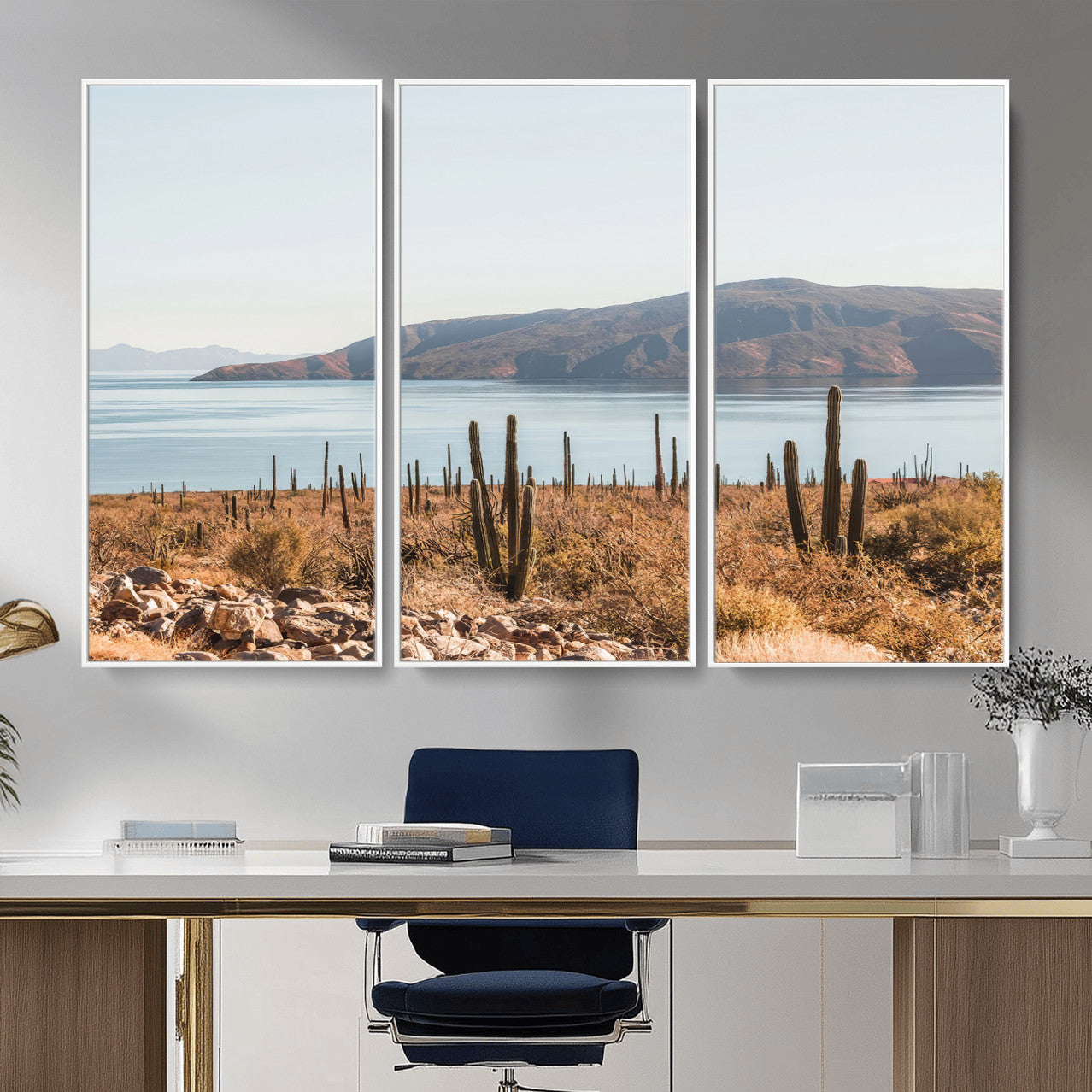 45193515-MGV-CV-36X24-Desert Lake Wall Art – Framed Cactus Mountain Canvas Artwork, Earthy Southwest Design, Rustic Nature Decor for Home, Office