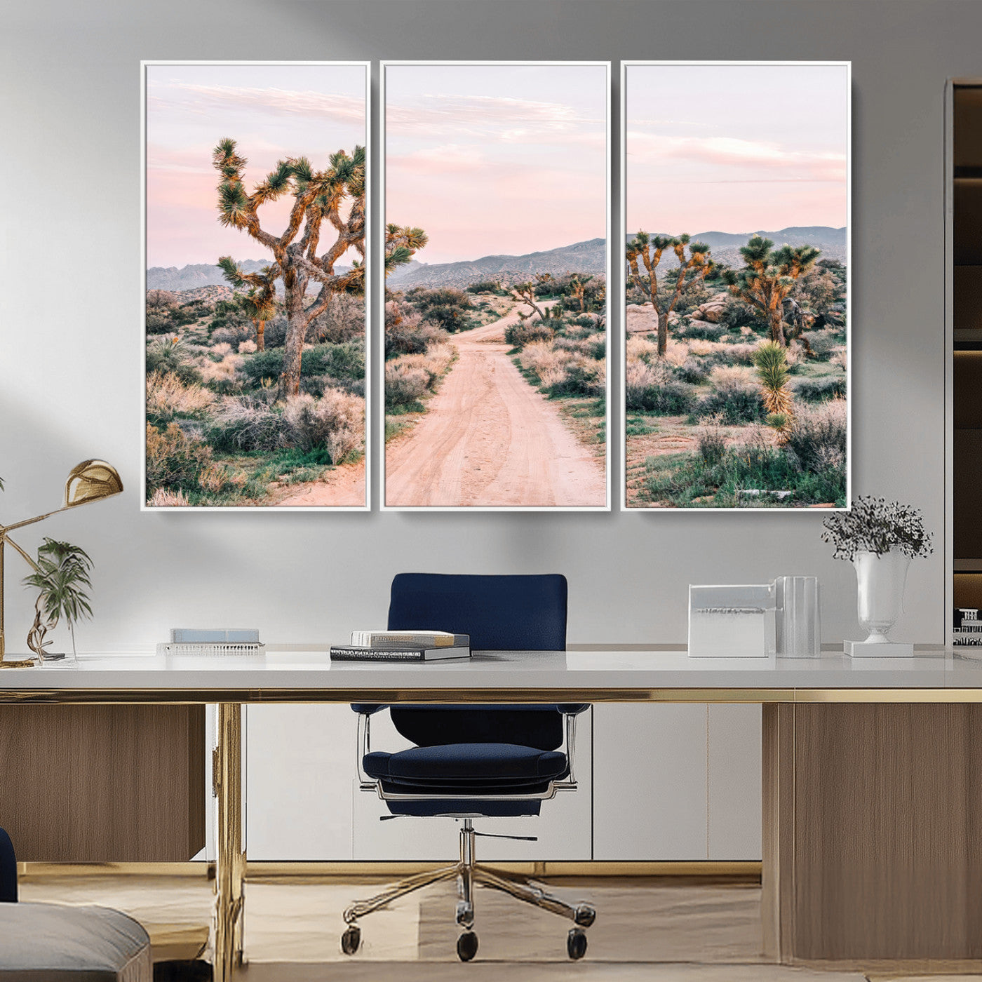 MGV-FC-48X32-3P - Desert Trail Wall Art – Canvas Print of Joshua Trees & Sunset Glow, Sandy Path Wilderness, Scenic Nature Escape Decor for Living Room, Office or Bedroom