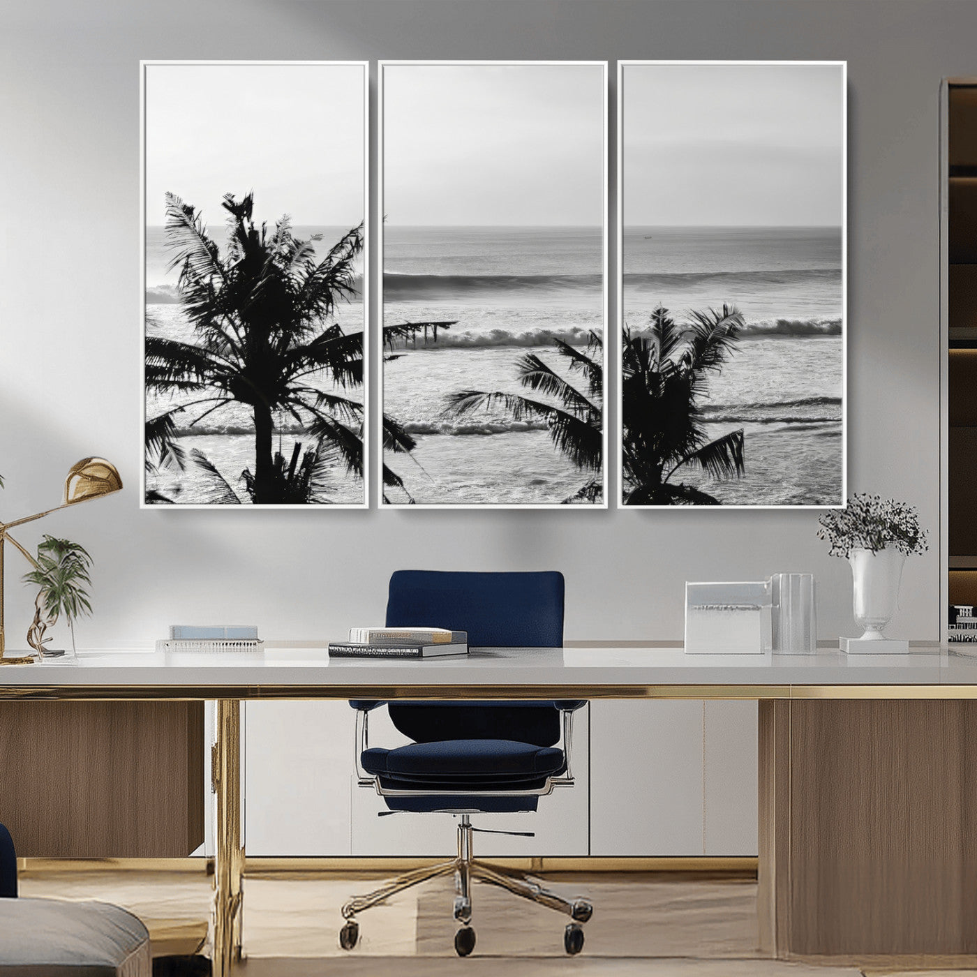 17508038-MGV-CV-36X24-Tropical Coastline Wall Art Canvas Print – Framed Palm Trees Scene with Ocean Waves Artwork for Home, Office