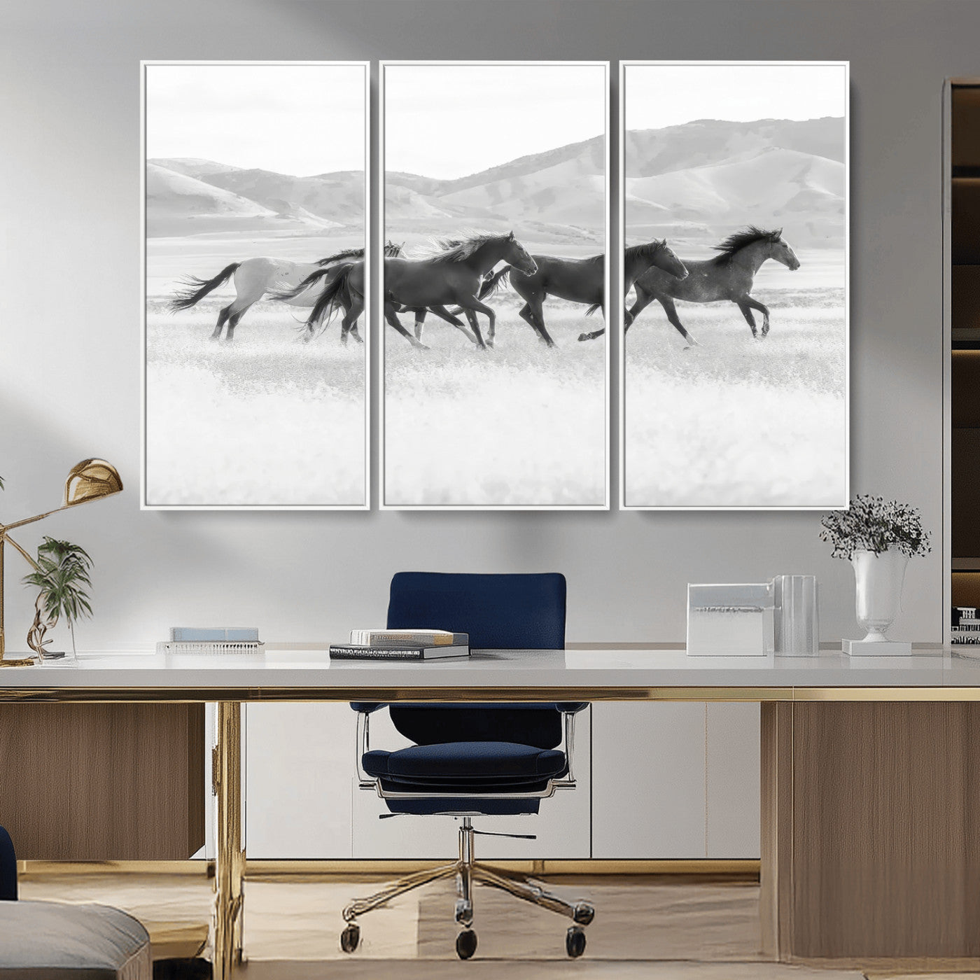 MGV-FC-48X32-3P - Wild Horses Wall Art – Black & White Canvas Print of Herd Running, Nature in Motion, Freedom & Beauty Decor for Guest Room, Office or Living Room
