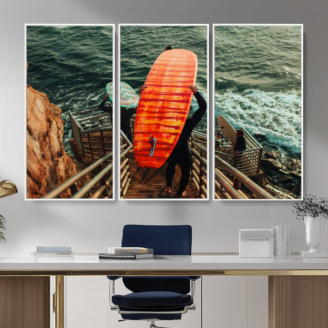 MGV-FC-48X32-3P - Surfer Stairway Wall Art Canvas Print, Framed Ocean Surf Art Picture Print, Sunset Coastal Perfect Coastal Adventure Decor Artwork