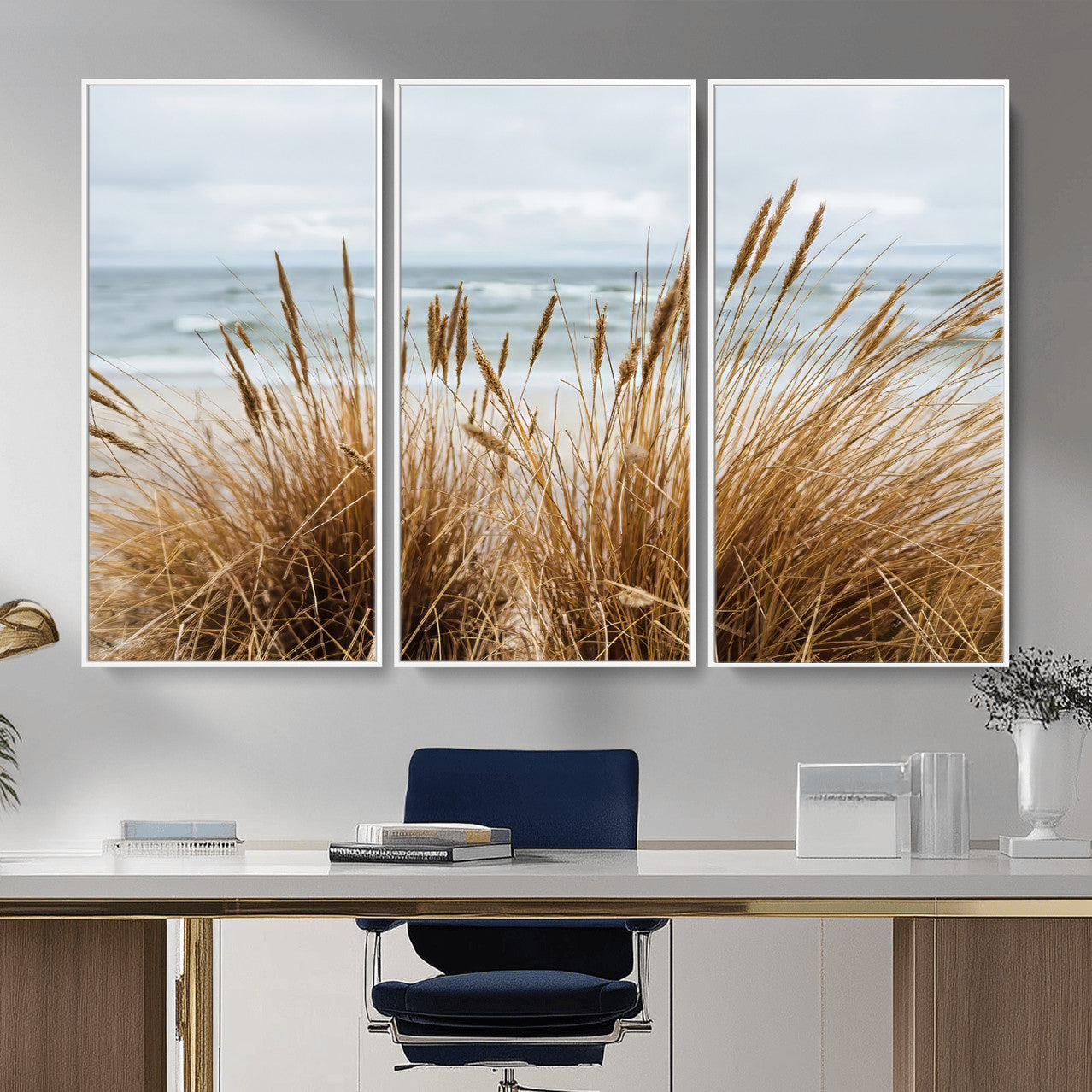 14270839-MGV-FC-48X32-3P_White-Beach Grass Wall Art – Framed Coastal Dunes Canvas Artwork, Minimal Seaside Design, Modern Coastal Decor for Home, Office