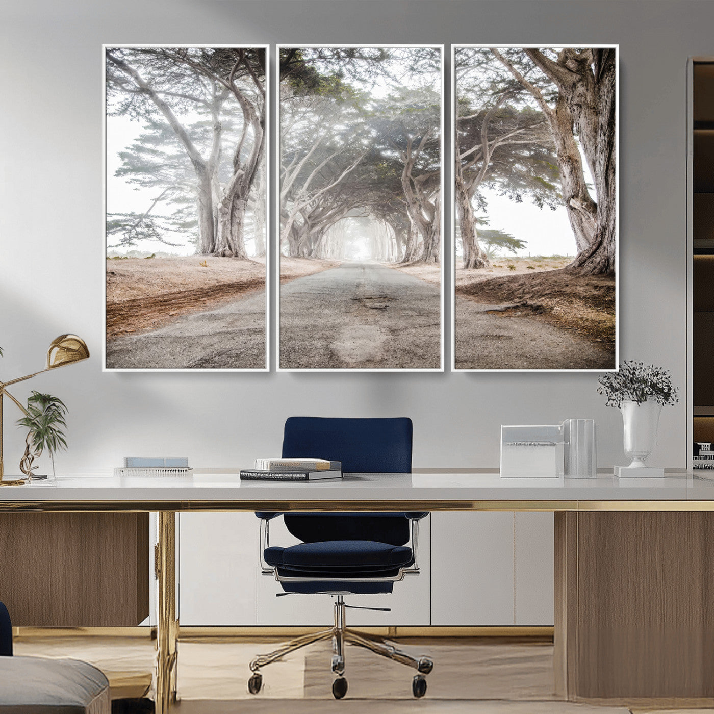 87090469-MGV-FC-48X32-3P_White-Cypress Tunnel Wall Art – Framed Misty Road Canvas Artwork, Foggy Trees Design, Rustic Woodland Nature Decor for Home, Office