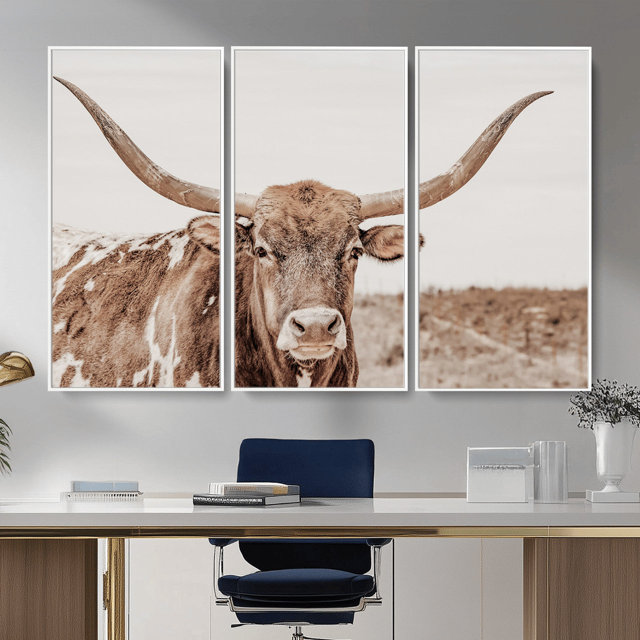 39964150-MGV-CV-36X24 - Longhorn Cow Wall Art Canvas Print, Texas Ranch Print, Framed Western Bull Art Print, Large BigHorn Cowboy Printing Perfect for County Decor