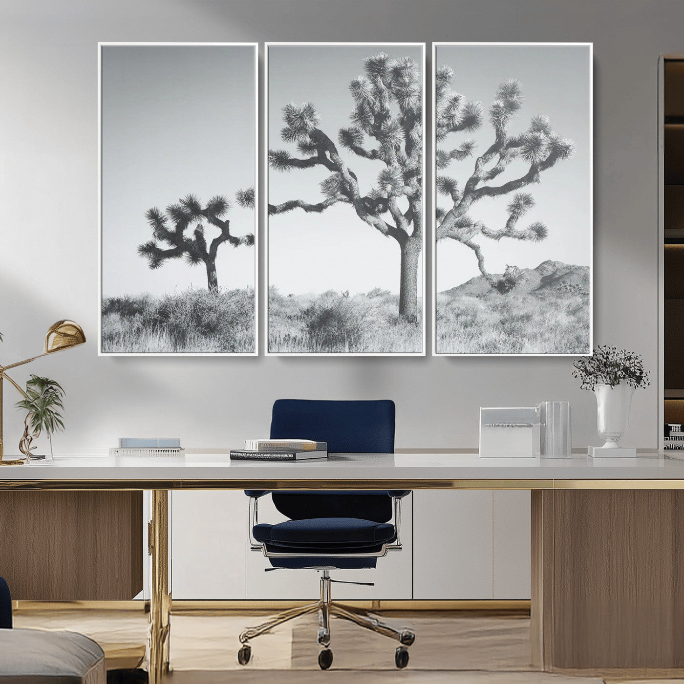 29996209-MGV-FC-48X32-3P_White-Joshua Tree Wall Art Canvas Print – Framed Black White Desert Landscape Southwestern Nature Artwork for Home Office