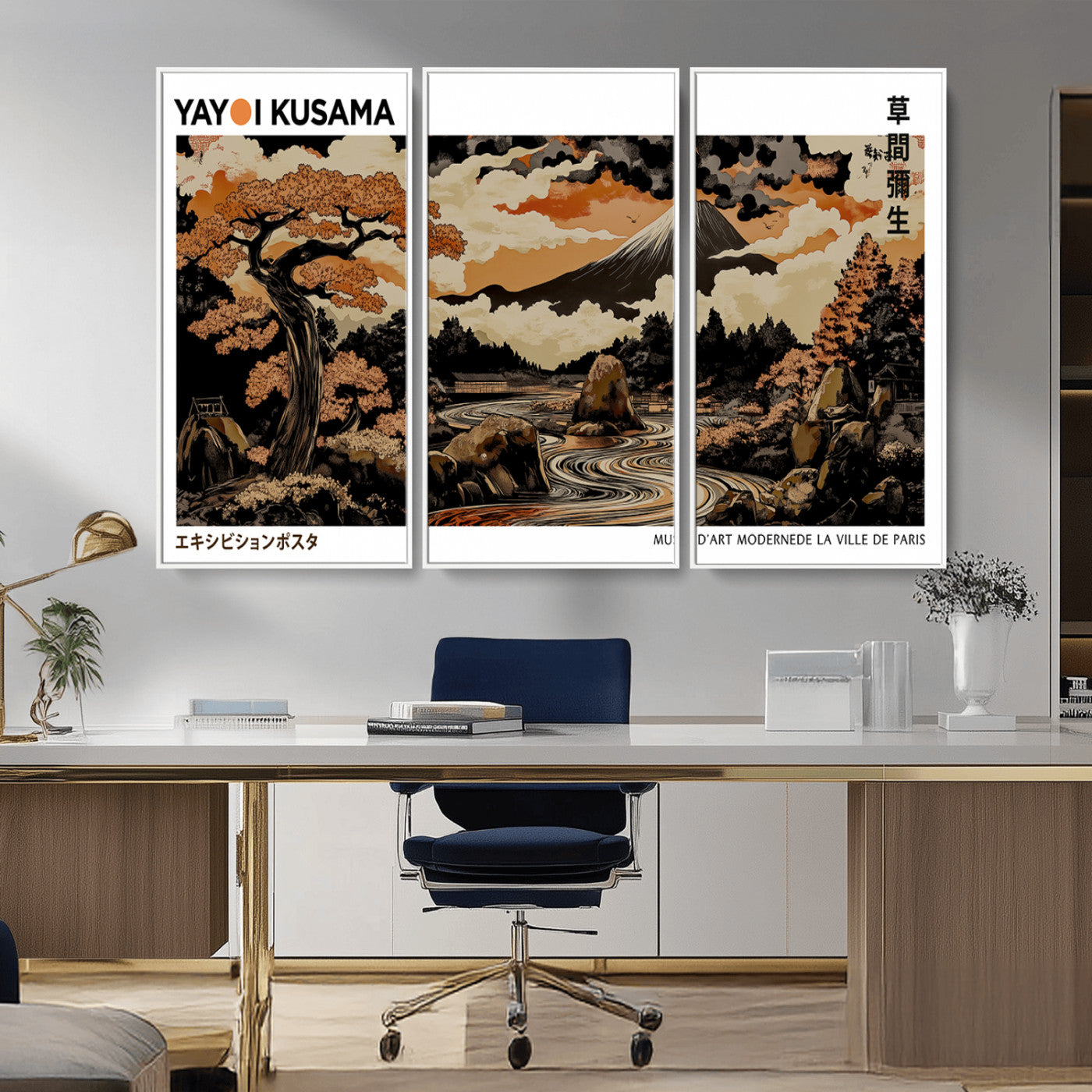 96372548-MGV-CV-36X24-Modern Japanese Wall Art Canvas Print – Framed Abstract Mount Fuji Scene with Yayoi Kusama Style Artwork for Home, Office