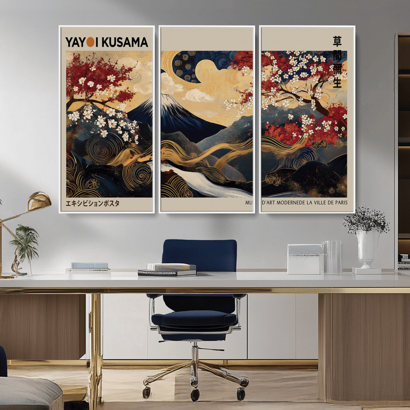 54967195-MGV-FC-48X32-3P_White-Modern Japanese Wall Art Canvas Print – Framed Abstract Mount Fuji Scene with Yayoi Kusama Japanese Artwork for Home, Office