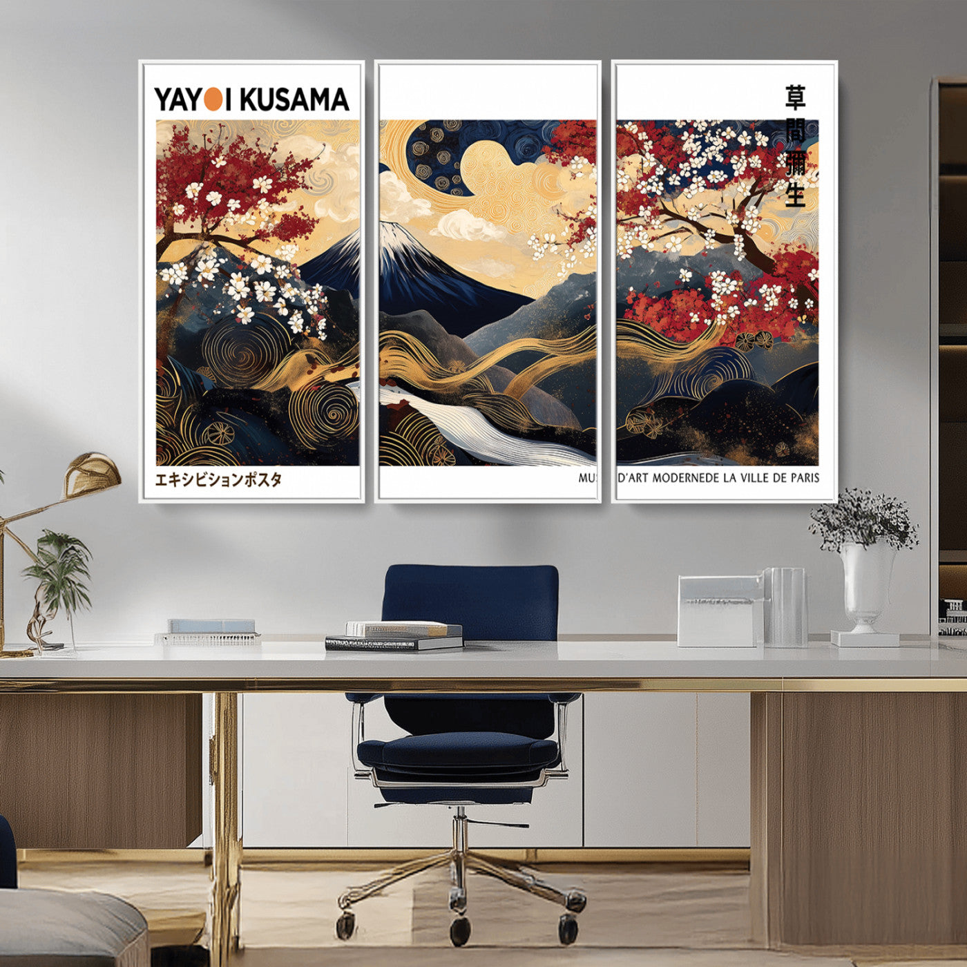 66243961-MGV-FC-48X32-3P_White-Modern Mount Fuji Wall Art Canvas Print – Framed Abstract Mount Fuji Scene with Yayoi Kusama Artwork for Home, Office