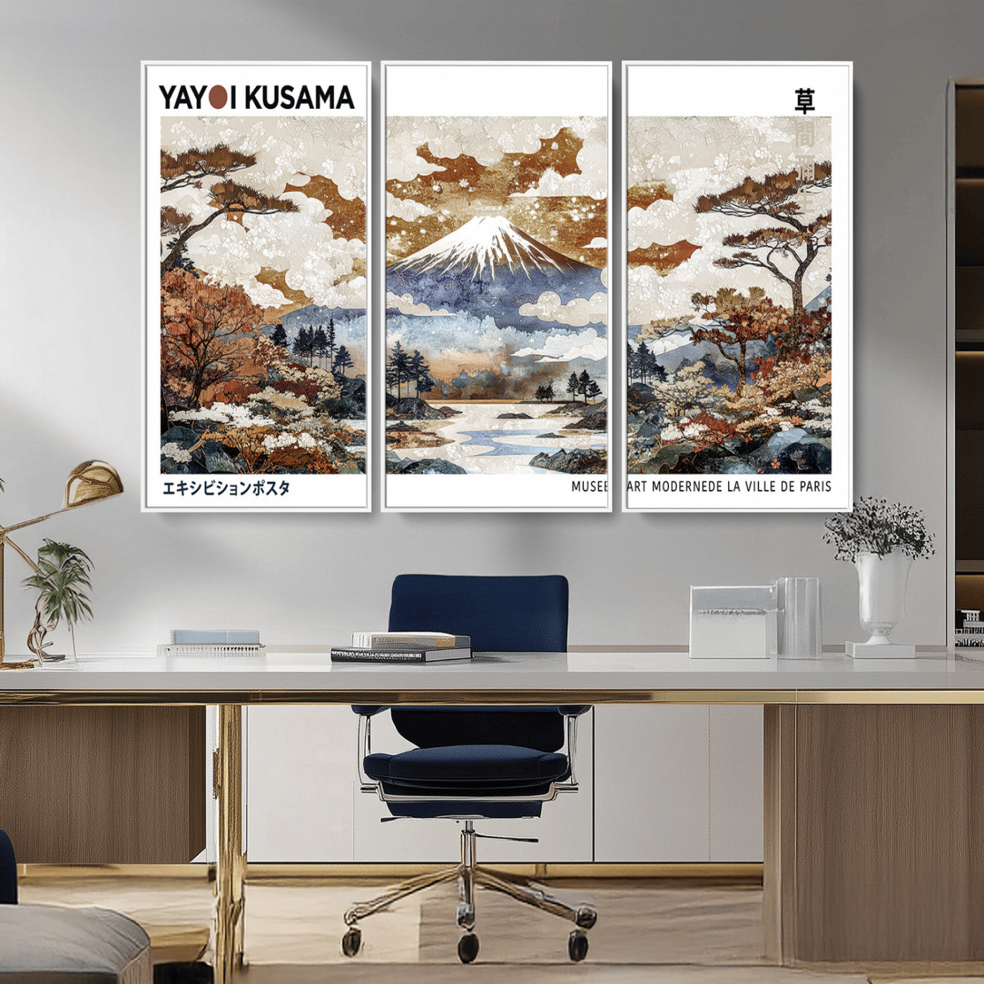 80111817-MGV-CV-36X24-Modern Japanese Wall Art Canvas Print – Framed Abstract Mount Fuji Scene with Yayoi Kusama Artwork for Home, Office