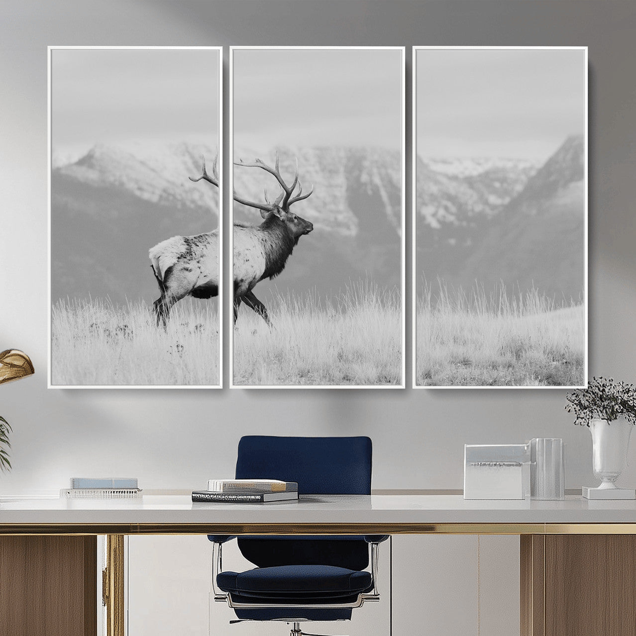 36150391-MGV-FC-48X32-3P - Wall Art Canvas Print – Majestic Elk Black & White Wilderness, Scenic Mountain and Grassland Landscape, Wildlife Nature Decor for Home or Office