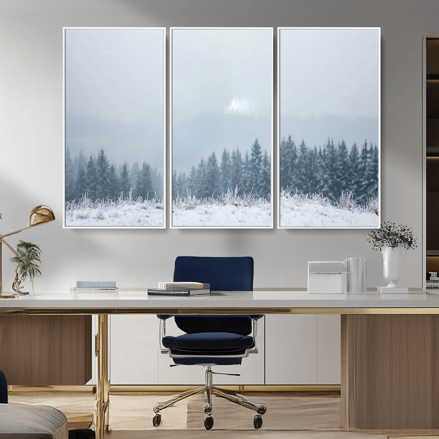 33033082-MGV-CV-36X24-Winter Forest Wall Art Canvas Print – Framed Snowy Landscape Art Picture Misty Tree Scene Artwork for Home Office