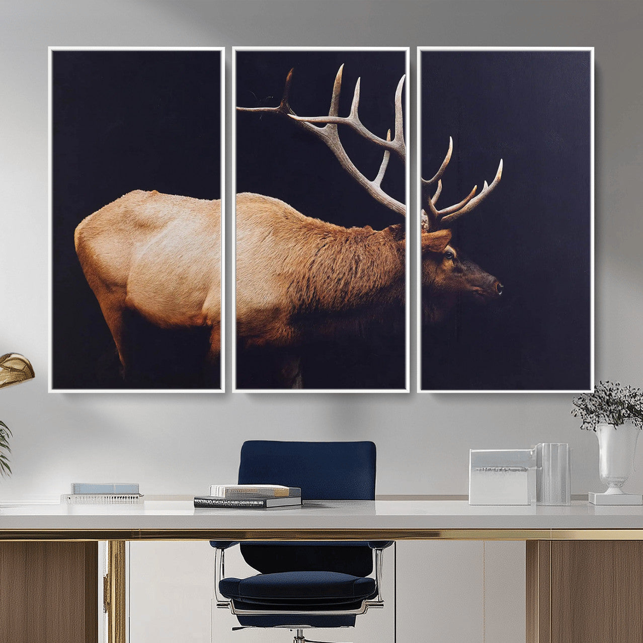 89239257-MGV-CV-36X24 - Rustic Elk Wall Art Canvas Print – Framed Moody Wildlife Art Picture Western Animal Artwork for Home, Office Decor