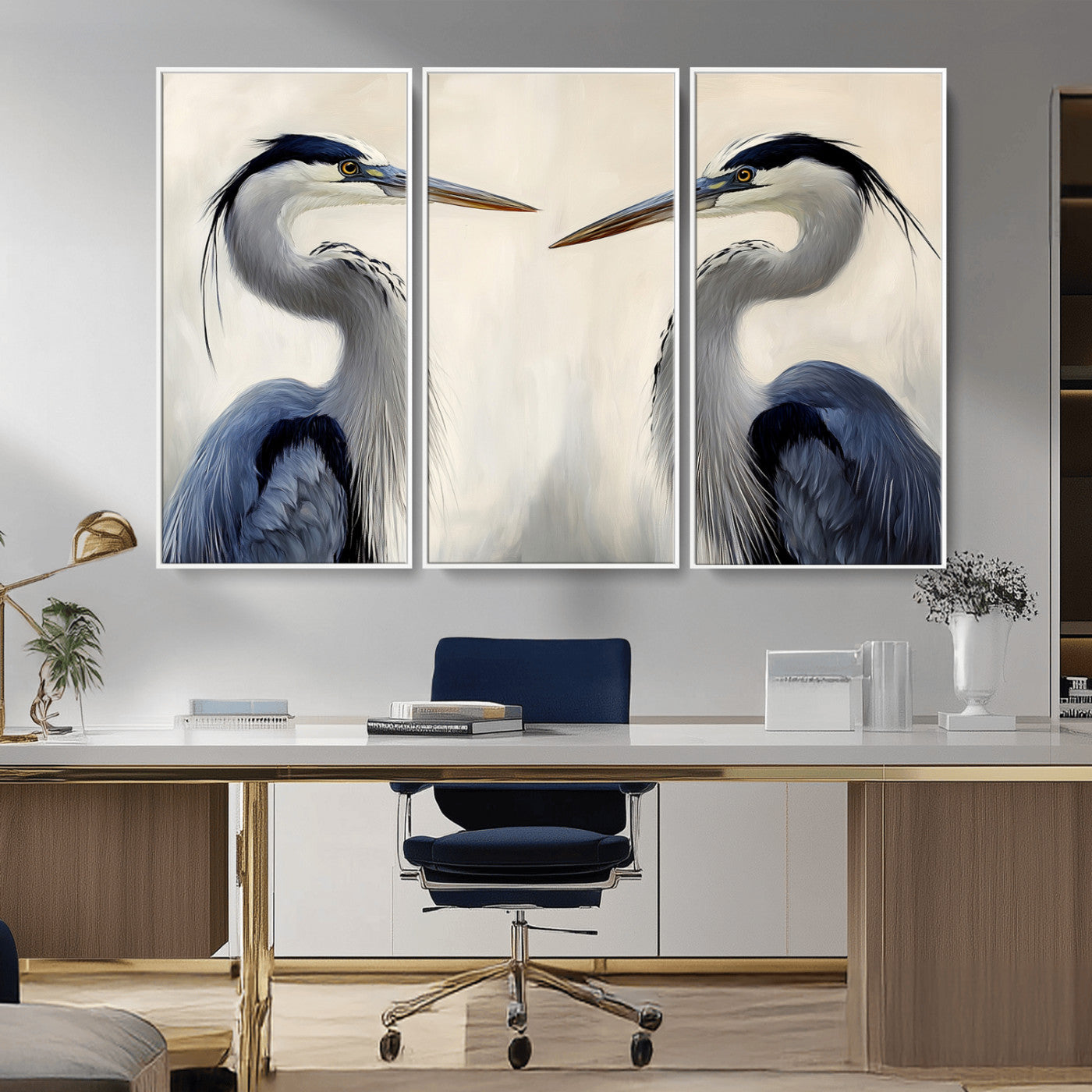 18230556-MGV-FC-48X32-3P_White-Blue Heron Pair Wall Art Canvas Print – Framed Coastal Bird Tranquil Wildlife Scene Minimalist Nature Artwork for Home Office