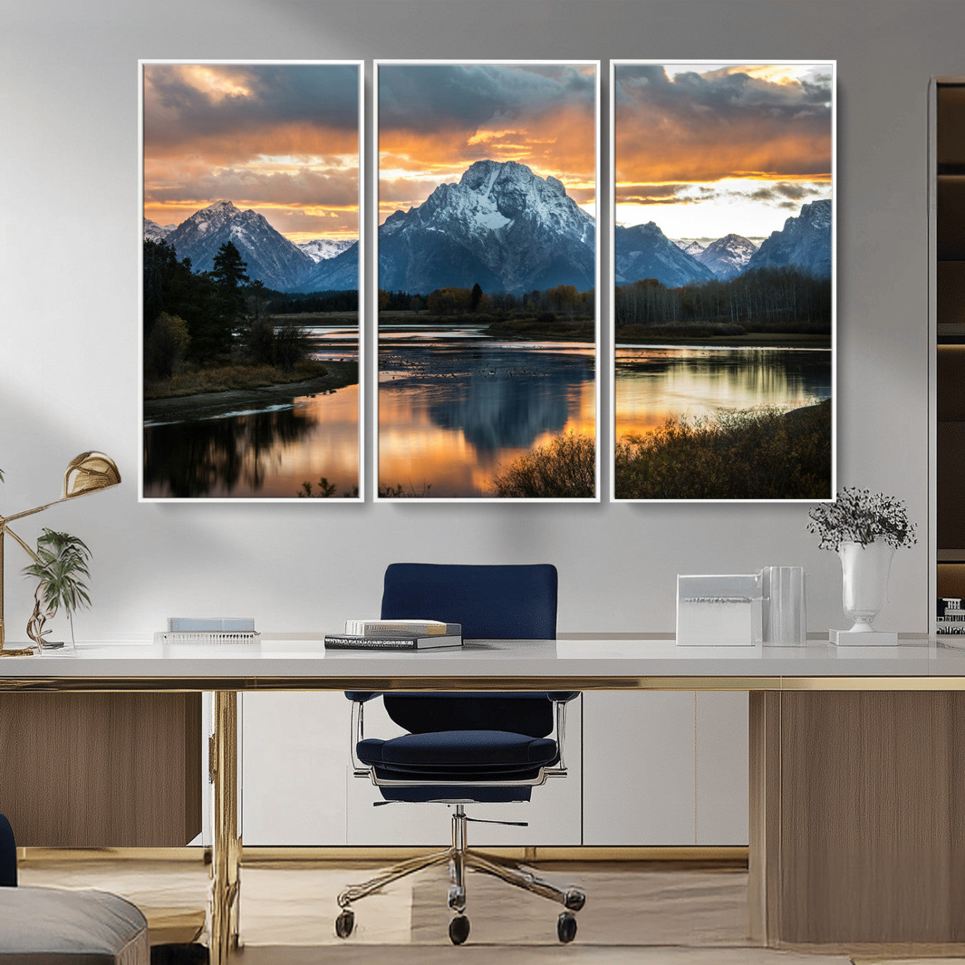 14130176-MGV-FC-48X32-3P_White-Mountain Sunset Wall Art Canvas Print – Framed Alpine Wilderness Golden Hour Scenic Nature Artwork for Home Offic