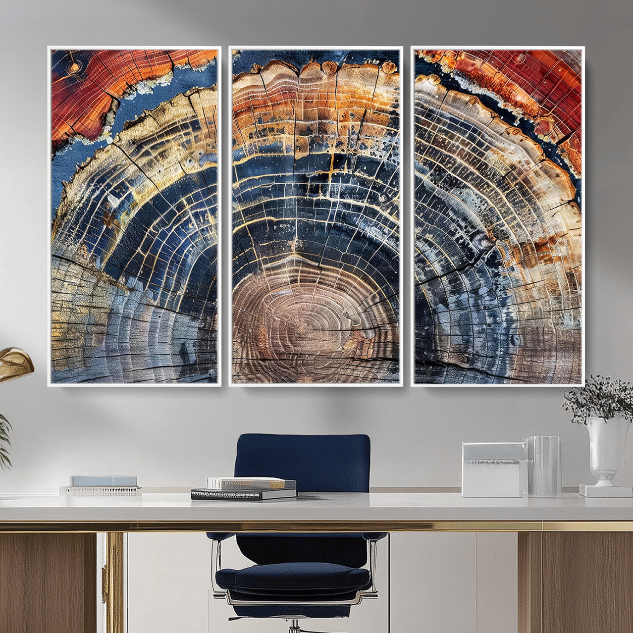 60292921-MGV-FC-48X32-3P - Vintage Tree Rings Wall Art Canvas Print – Framed Wood Art Picture Petrified Wood Artwork for Home, Office, Living Room