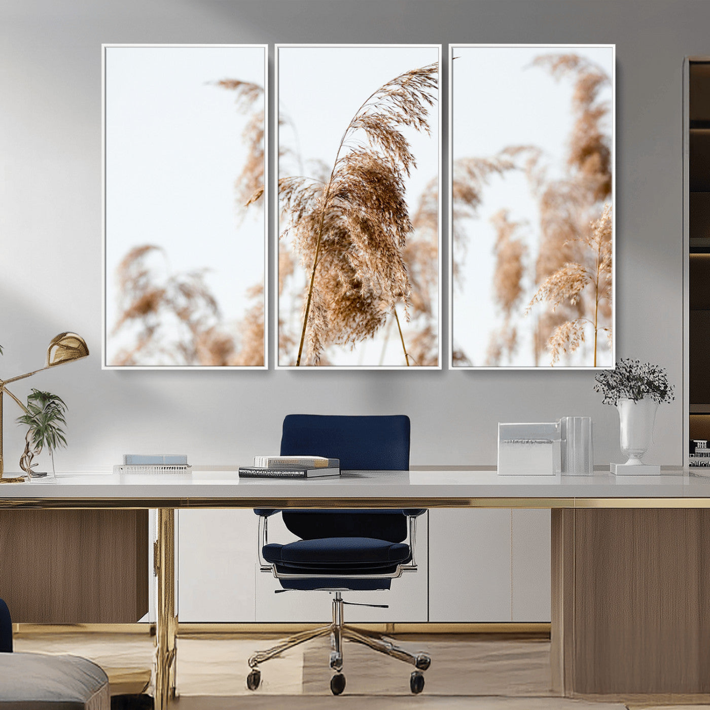 17019393-MGV-FC-48X32-3P_White-Pampas Grass Wall Art Canvas Print – Framed Neutral Tones Minimalist Nature Boho Scene Artwork for Home Office