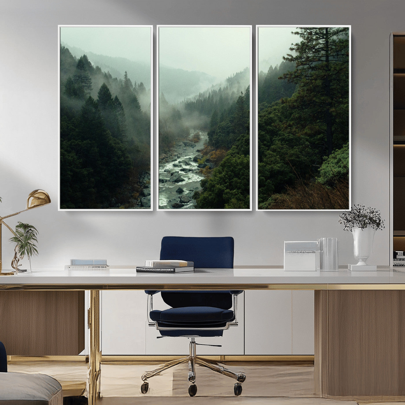 48497565-MGV-FC-48X32-3P_White-Misty Forest Wall Art Canvas Print – Framed Foggy River Moody Landscape Wilderness Nature Scene Artwork for Home Office