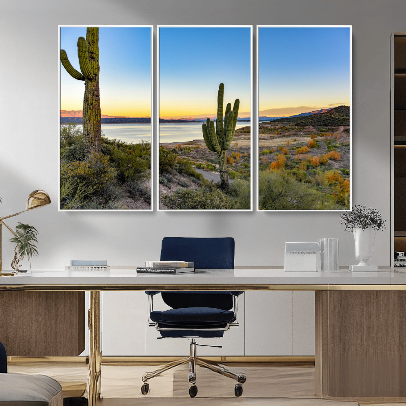 52844711-MGV-FC-48X32-3P_White-Saguaro Cactus Wall Art Canvas Print – Framed Desert Sunset Southwestern Nature Scene Artwork for Home Office