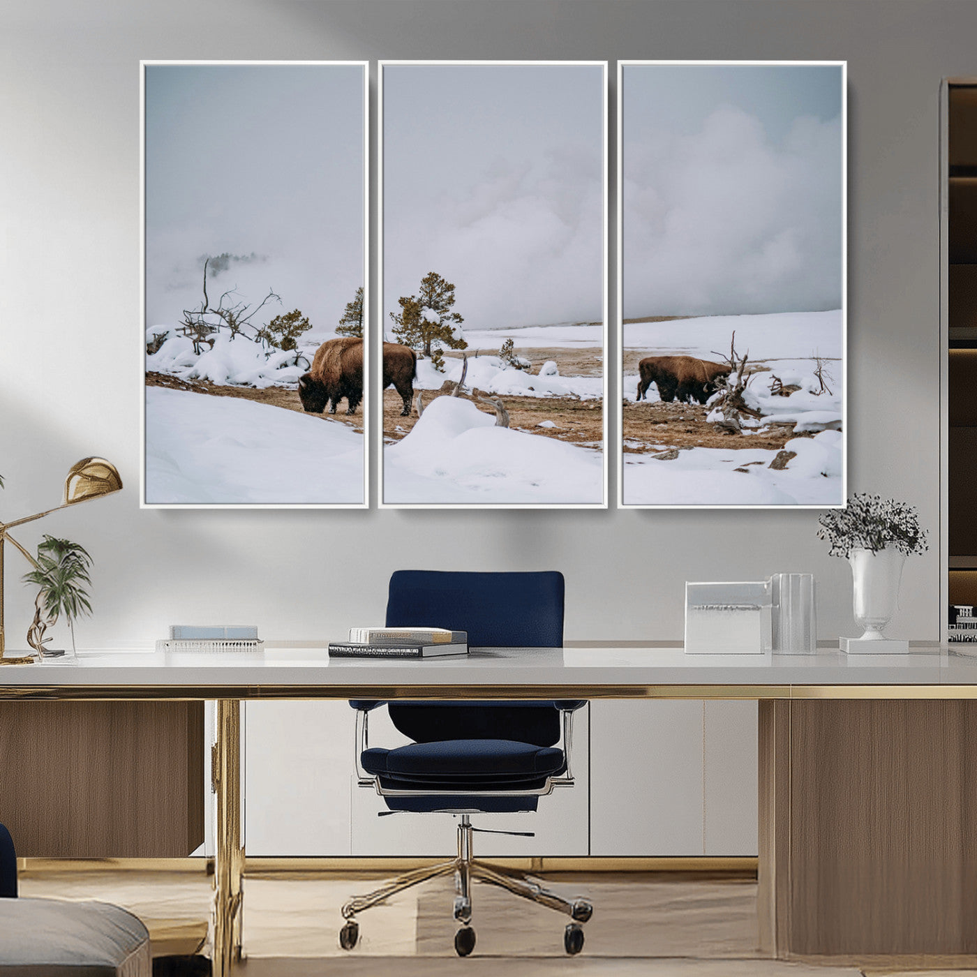 60308289-MGV-FC-48X32-3P_White-Bison Wildlife Wall Art Canvas Print – Framed Snowy Prairie Western Rustic Nature Scene Artwork for Home Office
