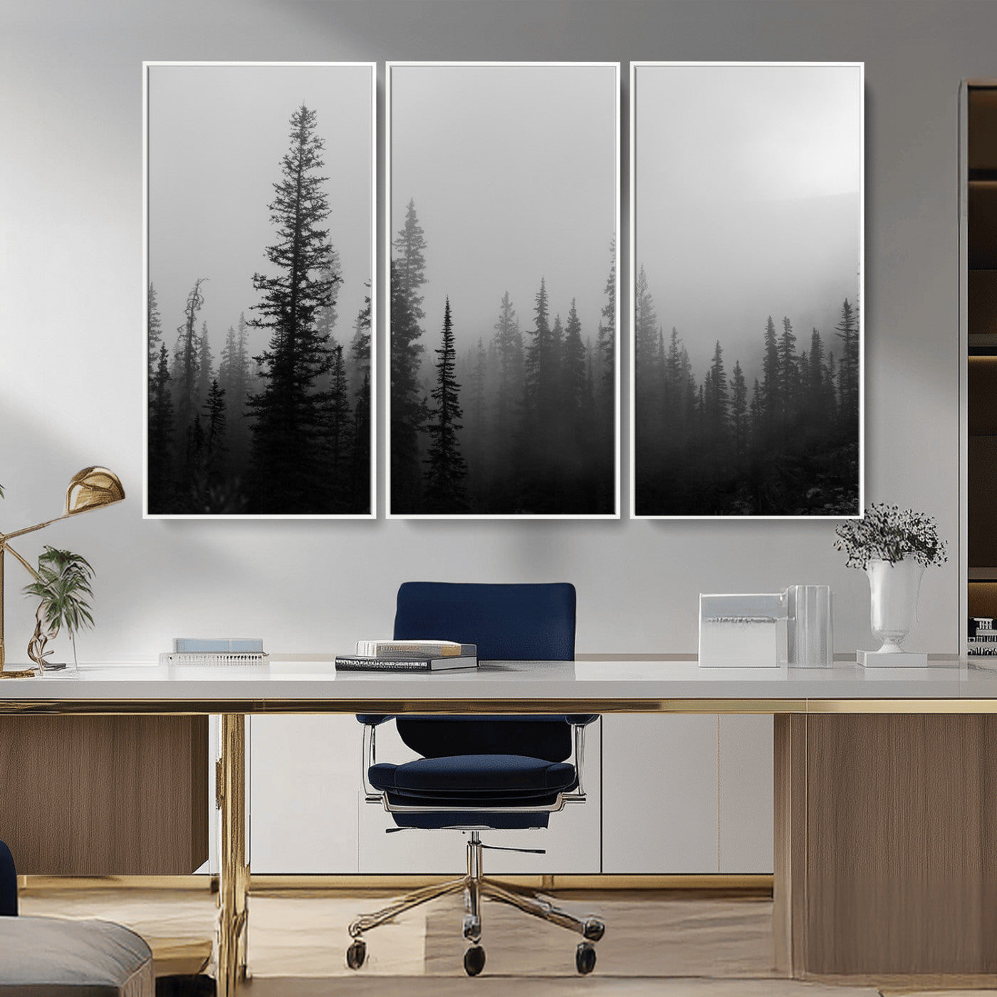 73138900-MGV-FC-48X32-3P_White-Misty Pines Wall Art Canvas Print – Framed Woodland Minimalist Rustic Nature Scene Photography Artwork for Home Office