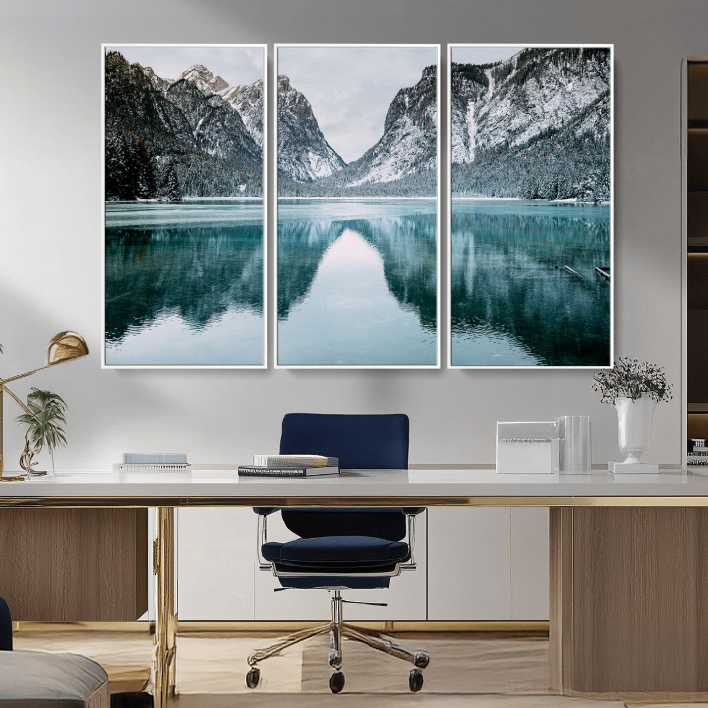 73098373-MGV-CV-36X24-Mountain Lake Wall Art Canvas Print – Framed Snowy Peaks Wonderland Nature Scene Artwork for Home Office