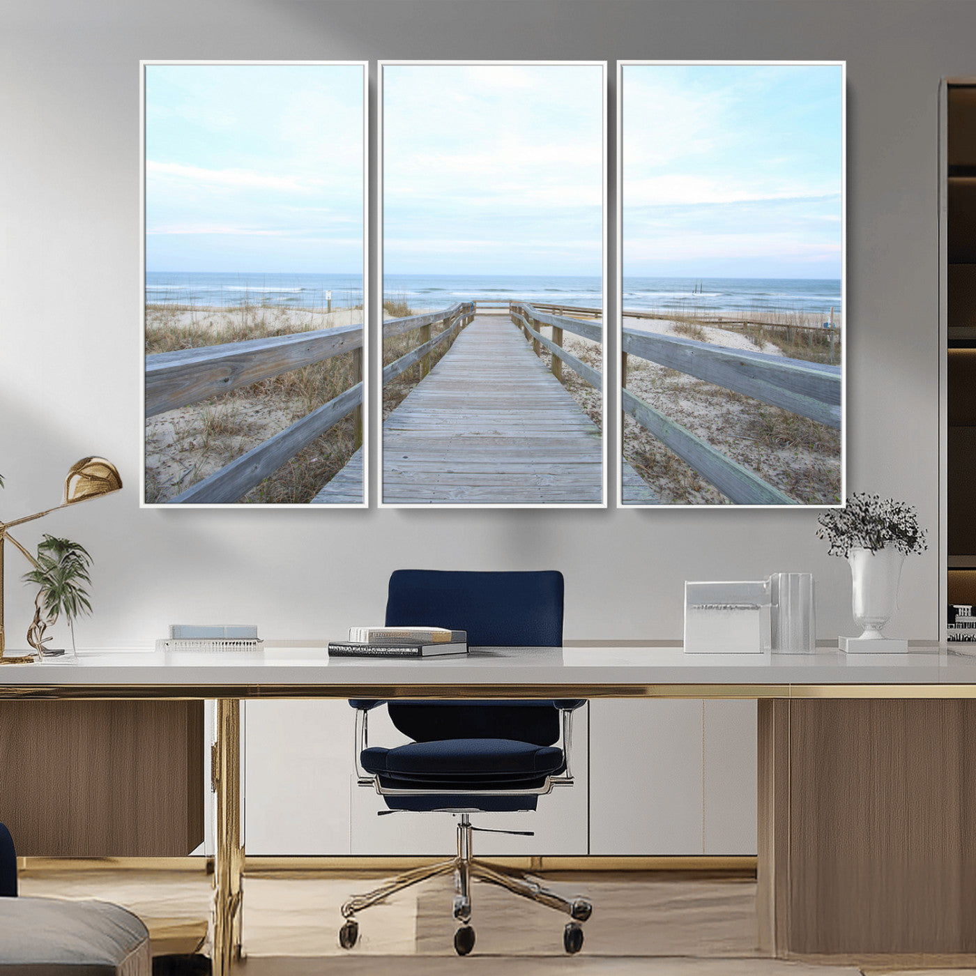 31602988-MGV-FC-48X32-3P_White-Beach Boardwalk Wall Art Canvas Print – Framed Coastal Serenity Ocean View Nature Scene Artwork for Home Office